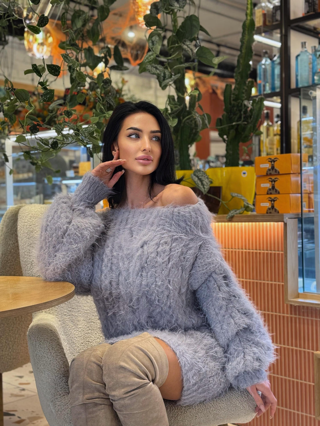 Hand knit Gray Silver fluffy women off shoulder sweater dress Long Cable knit merino wool sweater open shoulders dress Big aran long sweate