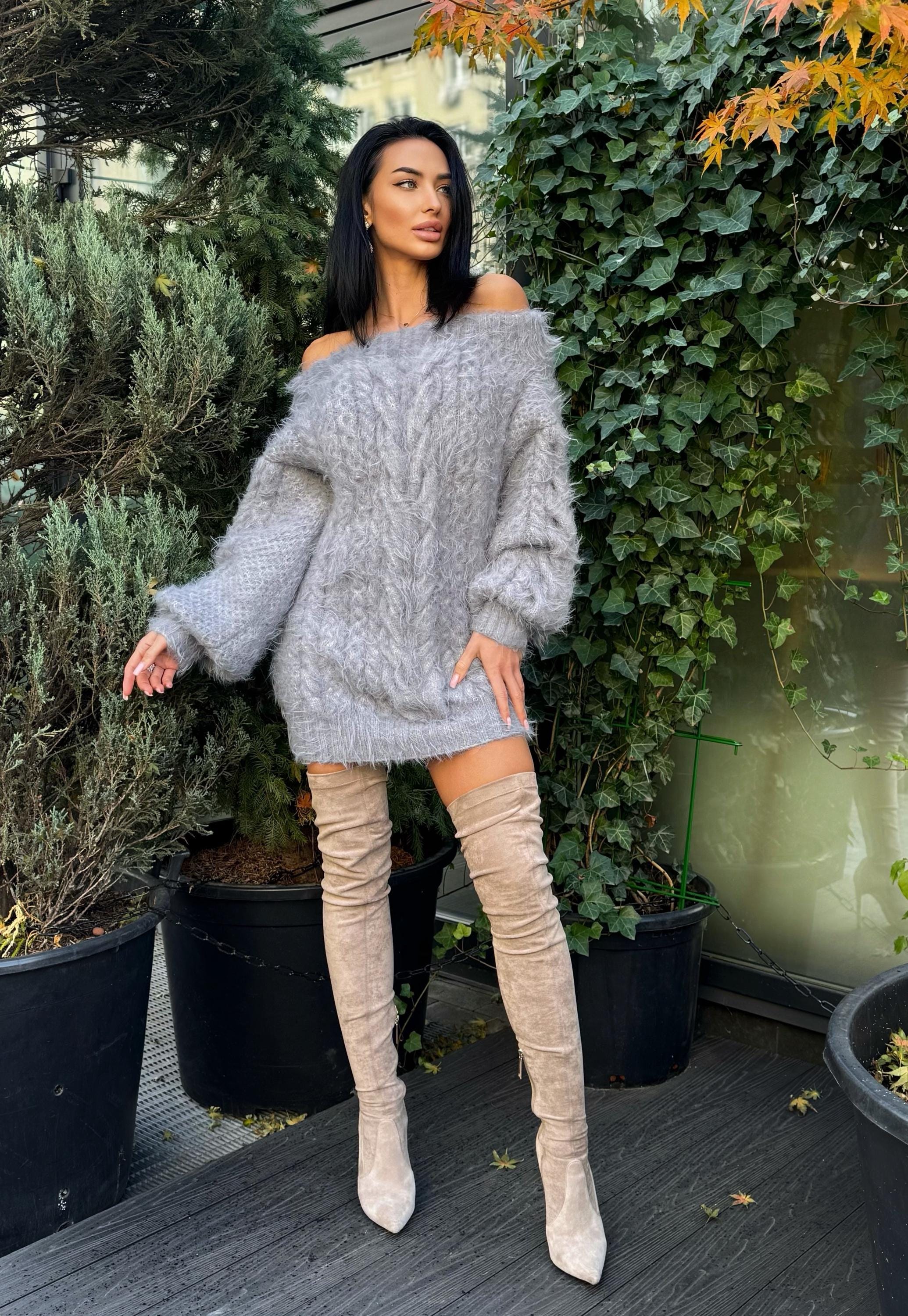 Hand knit Gray Silver fluffy women off shoulder sweater dress Long Cable knit merino wool sweater open shoulders dress Big aran long sweate