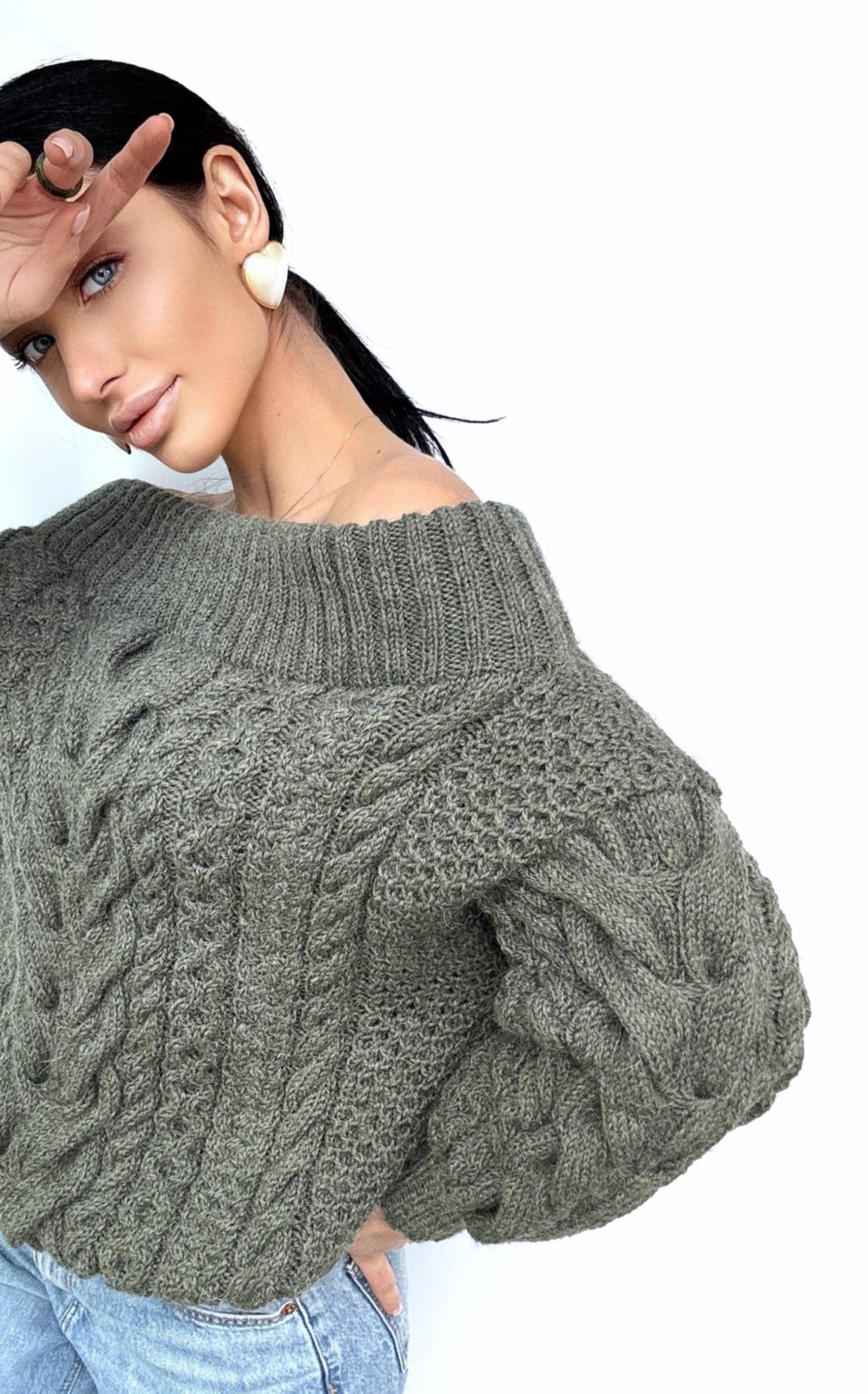 Khaki Green-Gray pastel hand knit alpaca wool sweater woman Cable hand knit sweater Loose pullover Oversized chunky knit bulky off shoulder