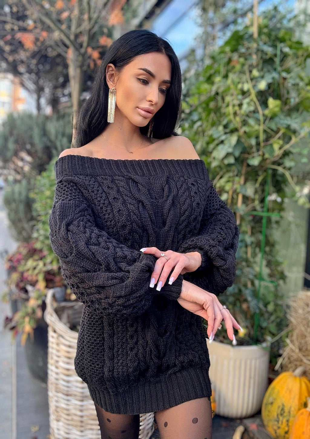 Hand knit wool black sweater dress for women Cable knit open shoulders Long wool sweater braids knit Chunky knit one shoulder Aran sweater