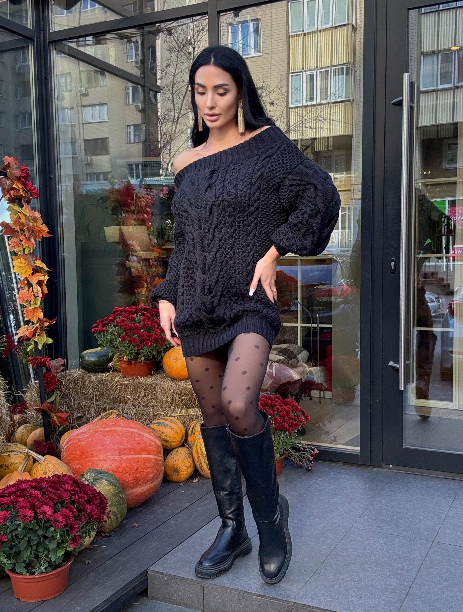 Hand knit wool black sweater dress for women Cable knit open shoulders Long wool sweater braids knit Chunky knit one shoulder Aran sweater