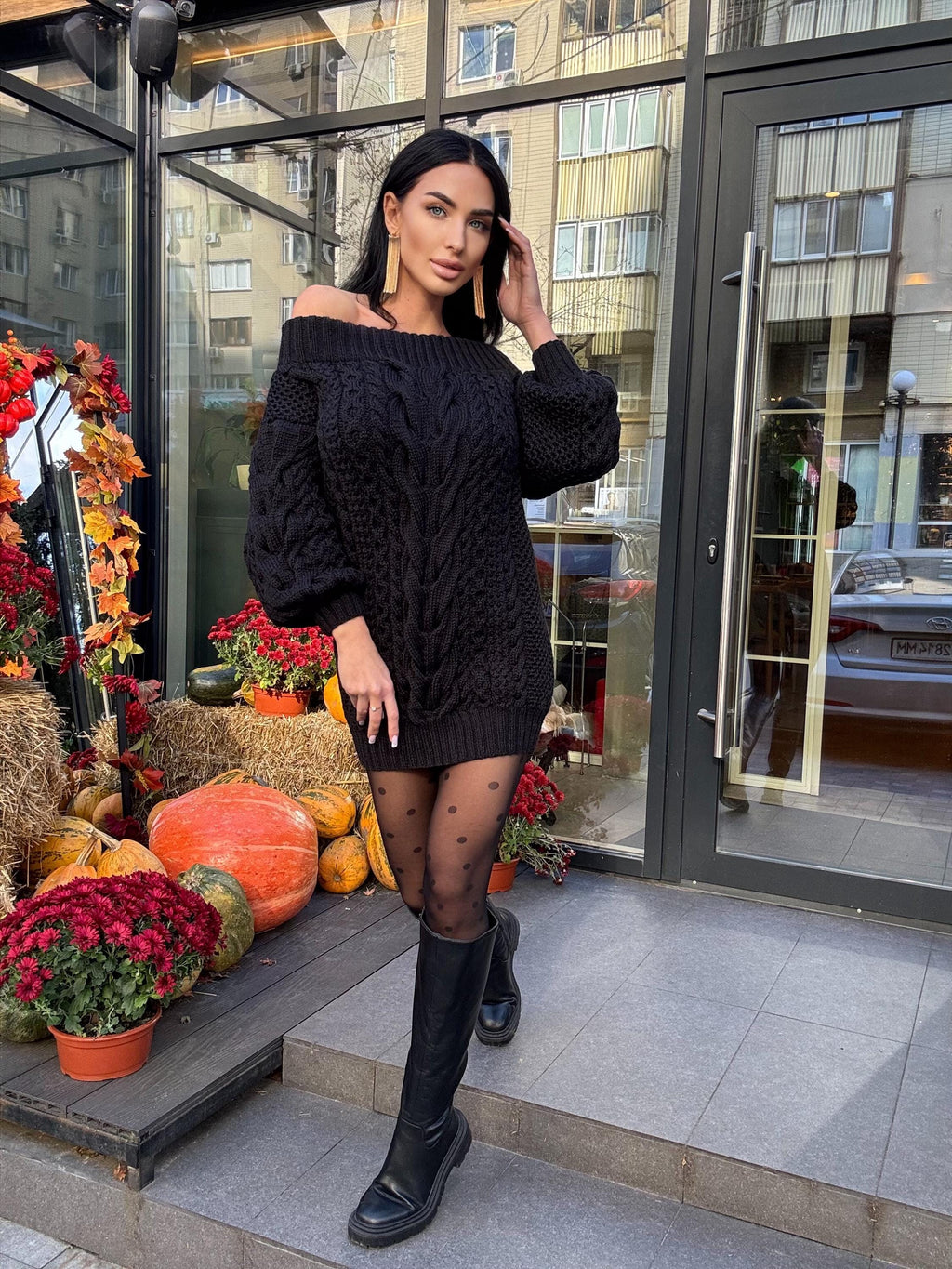 Hand knit wool black sweater dress for women Cable knit open shoulders Long wool sweater braids knit Chunky knit one shoulder Aran sweater