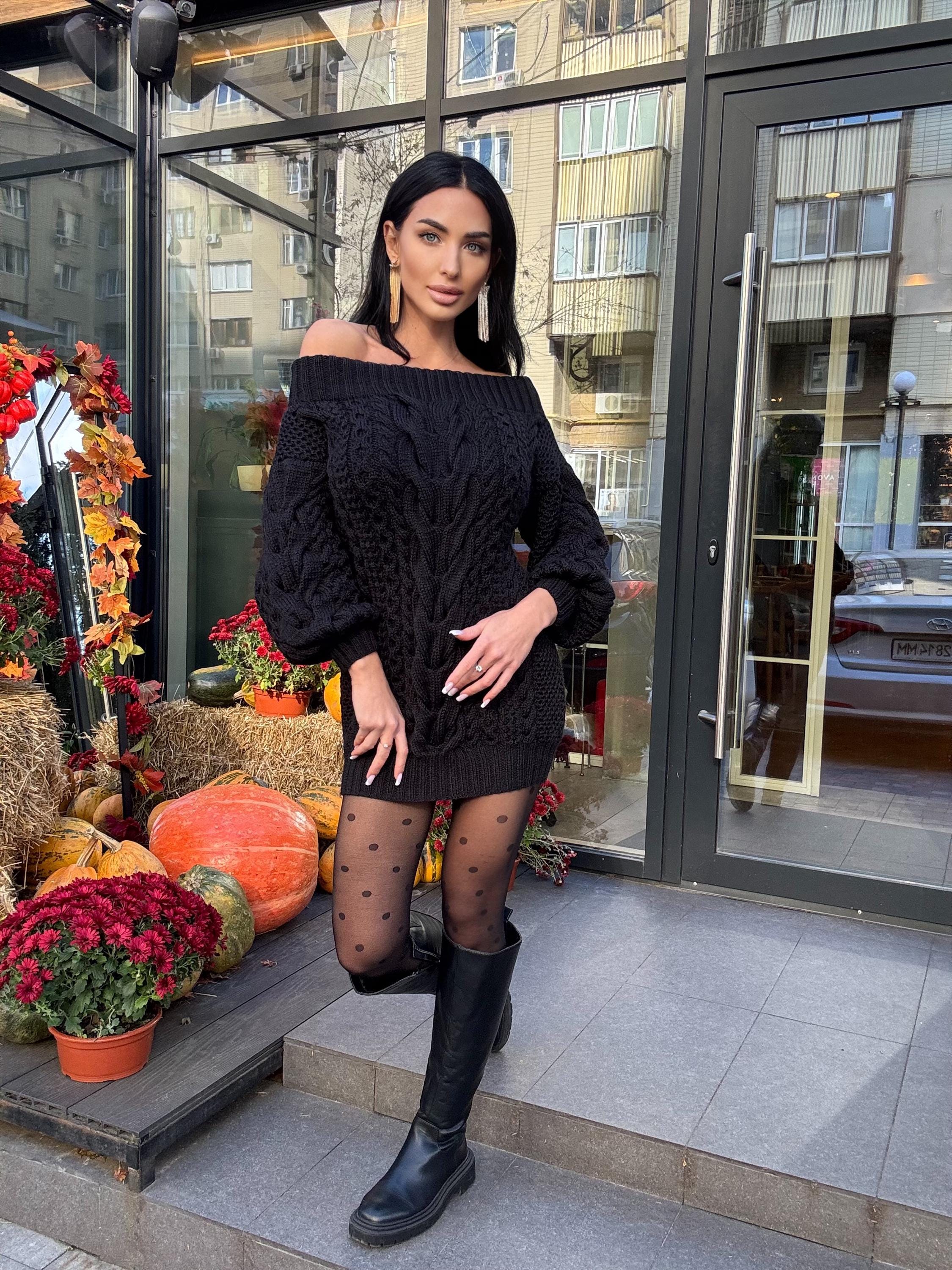 Hand knit wool black sweater dress for women Cable knit open shoulders Long wool sweater braids knit Chunky knit one shoulder Aran sweater