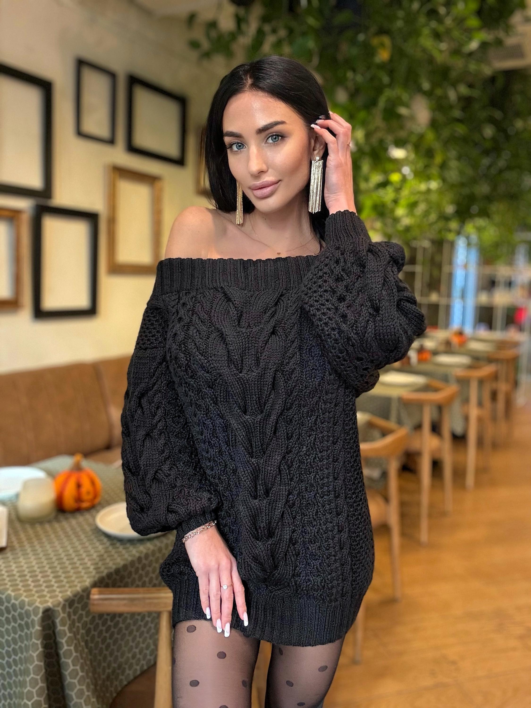 Hand knit wool black sweater dress for women Cable knit open shoulders Long wool sweater braids knit Chunky knit one shoulder Aran sweater