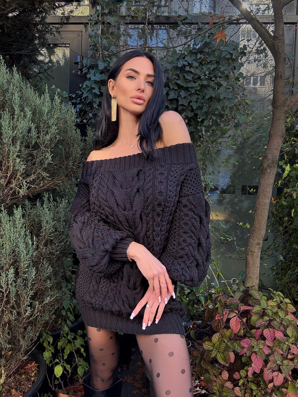 Hand knit wool black sweater dress for women Cable knit open shoulders Long wool sweater braids knit Chunky knit one shoulder Aran sweater