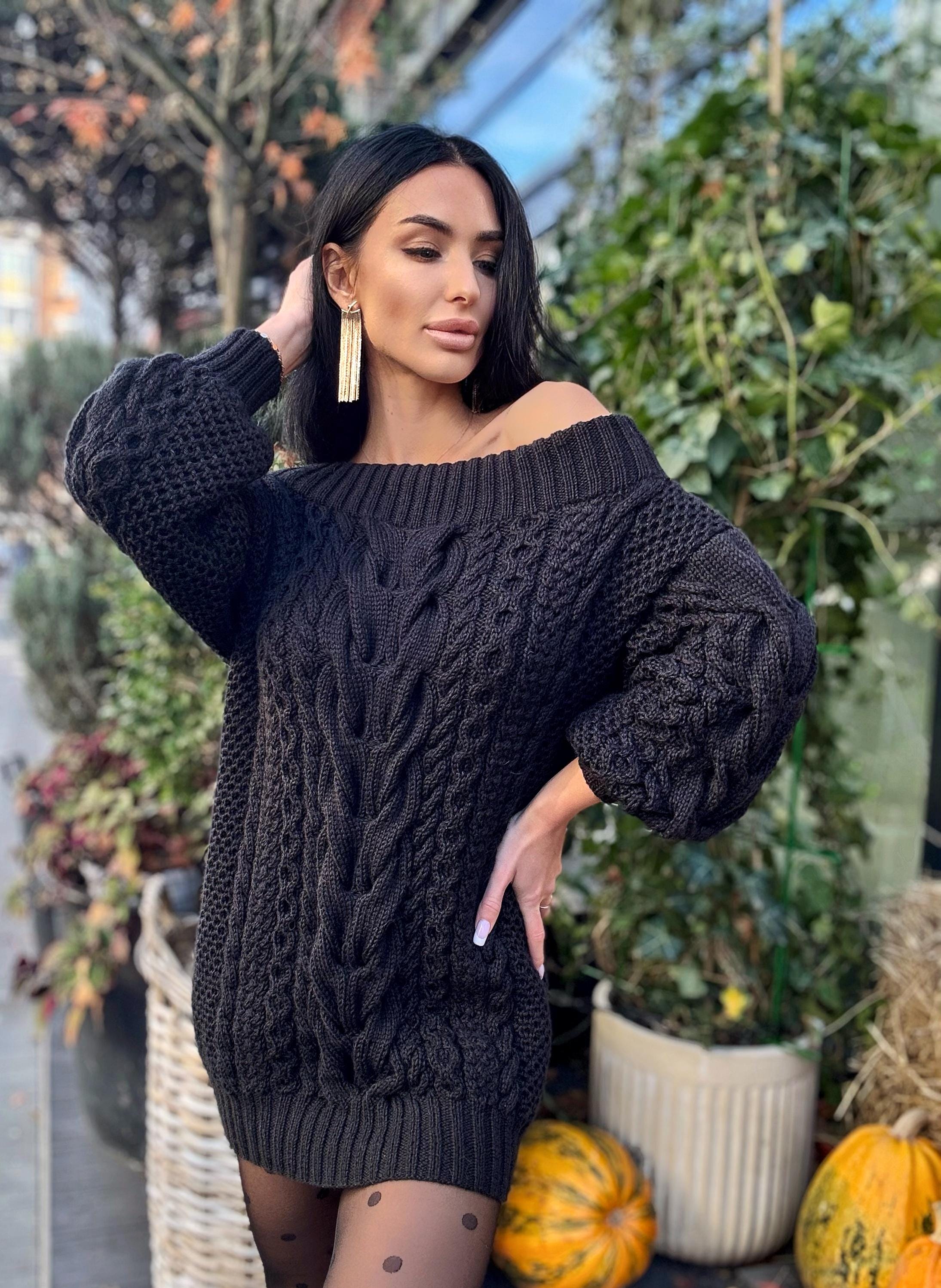 Hand knit wool black sweater dress for women Cable knit open shoulders Long wool sweater braids knit Chunky knit one shoulder Aran sweater