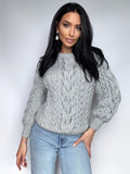 Gray blue knit wool sweater women Chunky knitted jumper 7/8 sleeve Cable knitting Loose knit Oversized light blue knitted wool pullover