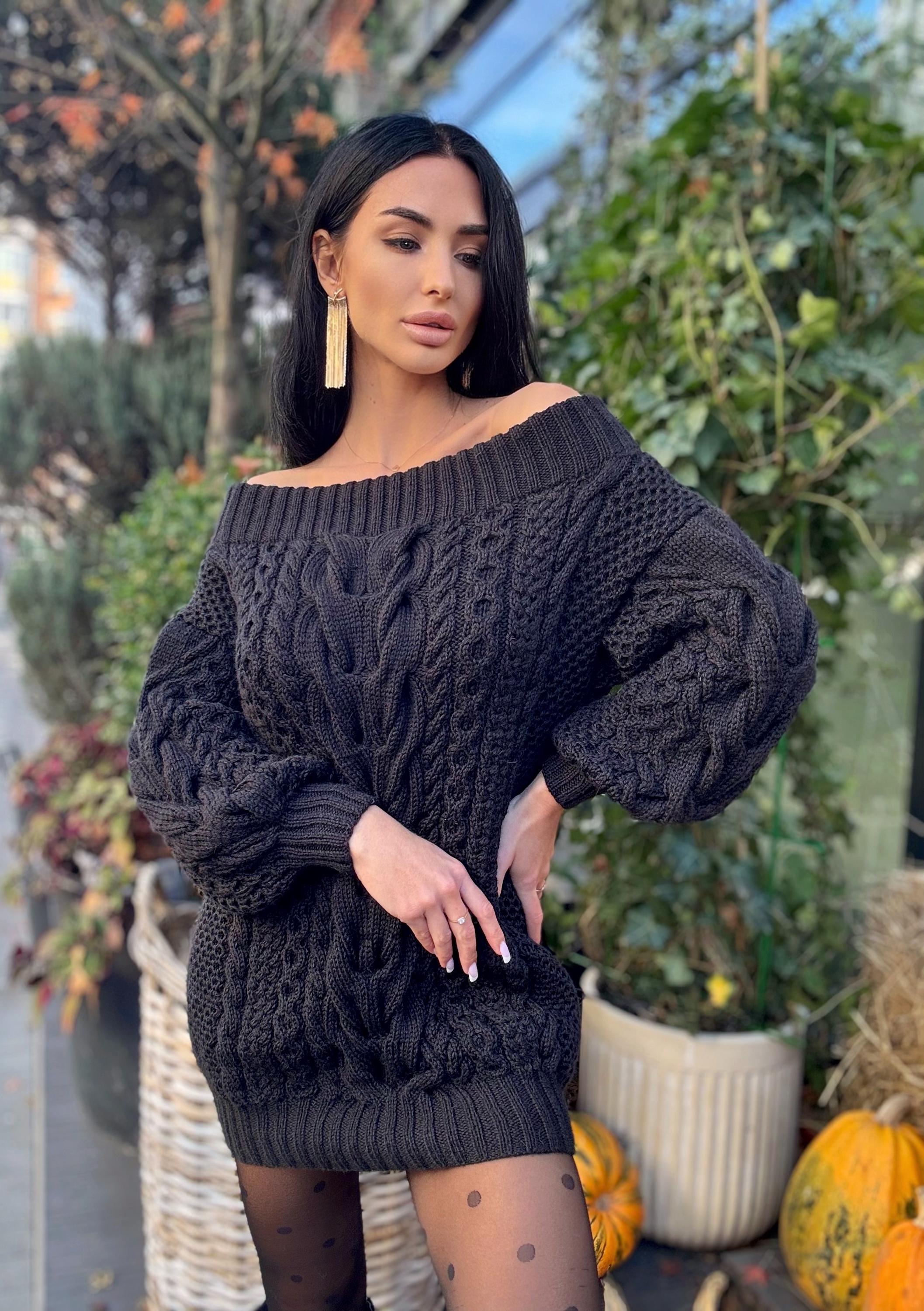 Hand knit wool black sweater dress for women Cable knit open shoulders Long wool sweater braids knit Chunky knit one shoulder Aran sweater