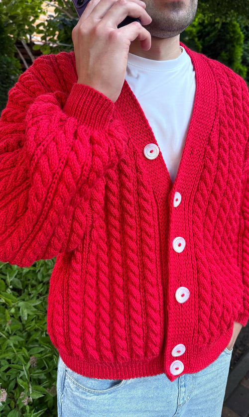 Cable knit mens unisex merino wool cardigan on buttons Hand knit red cardigan sweater Chunky knit сozy cardigan knitted jacket Gift for him