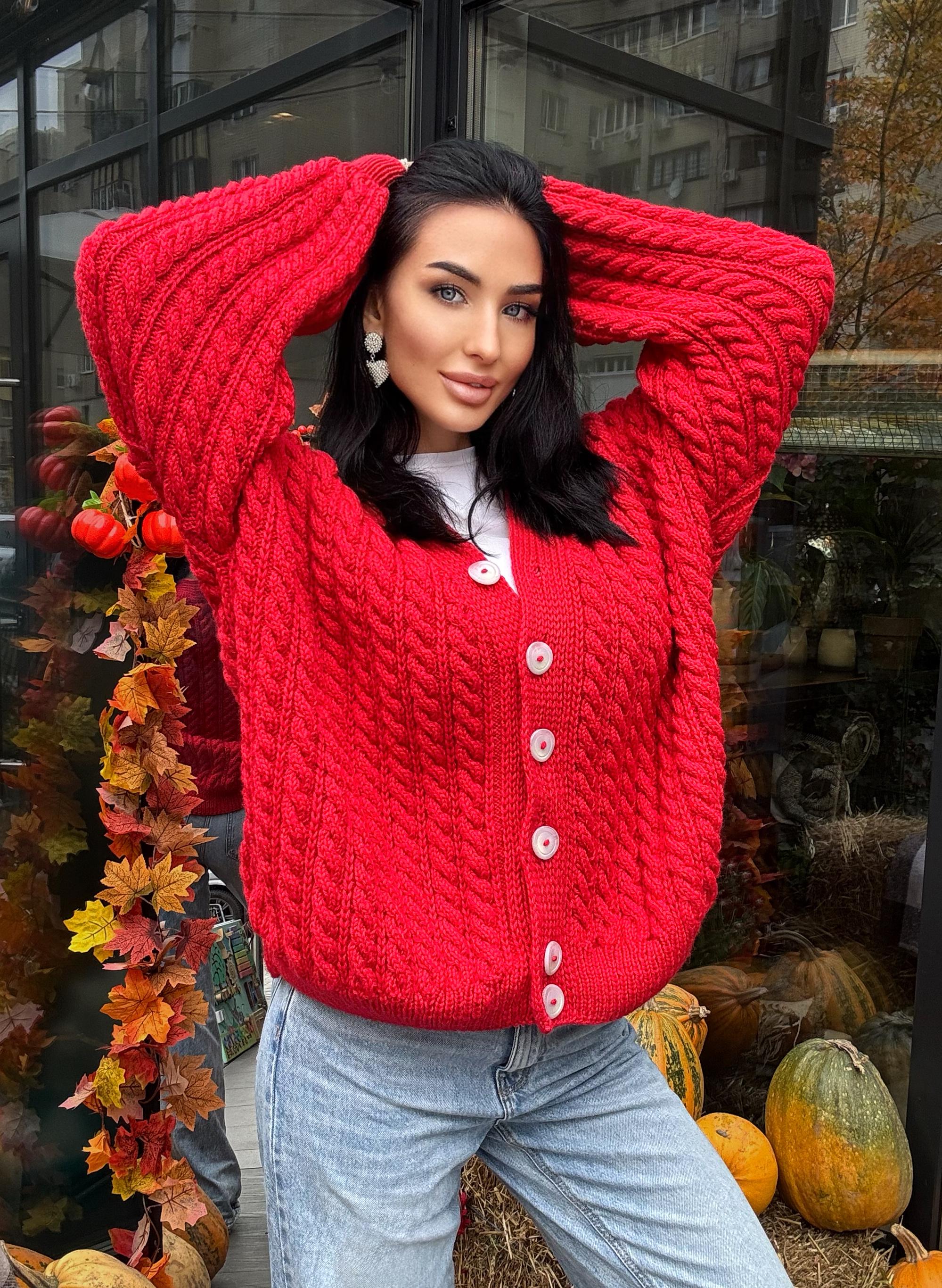 Cable knit braids Red merino wool cardigan on buttons Hand knit oversize fall sweater Chunky knit сozy cardigan knitted jacket puff sleeves
