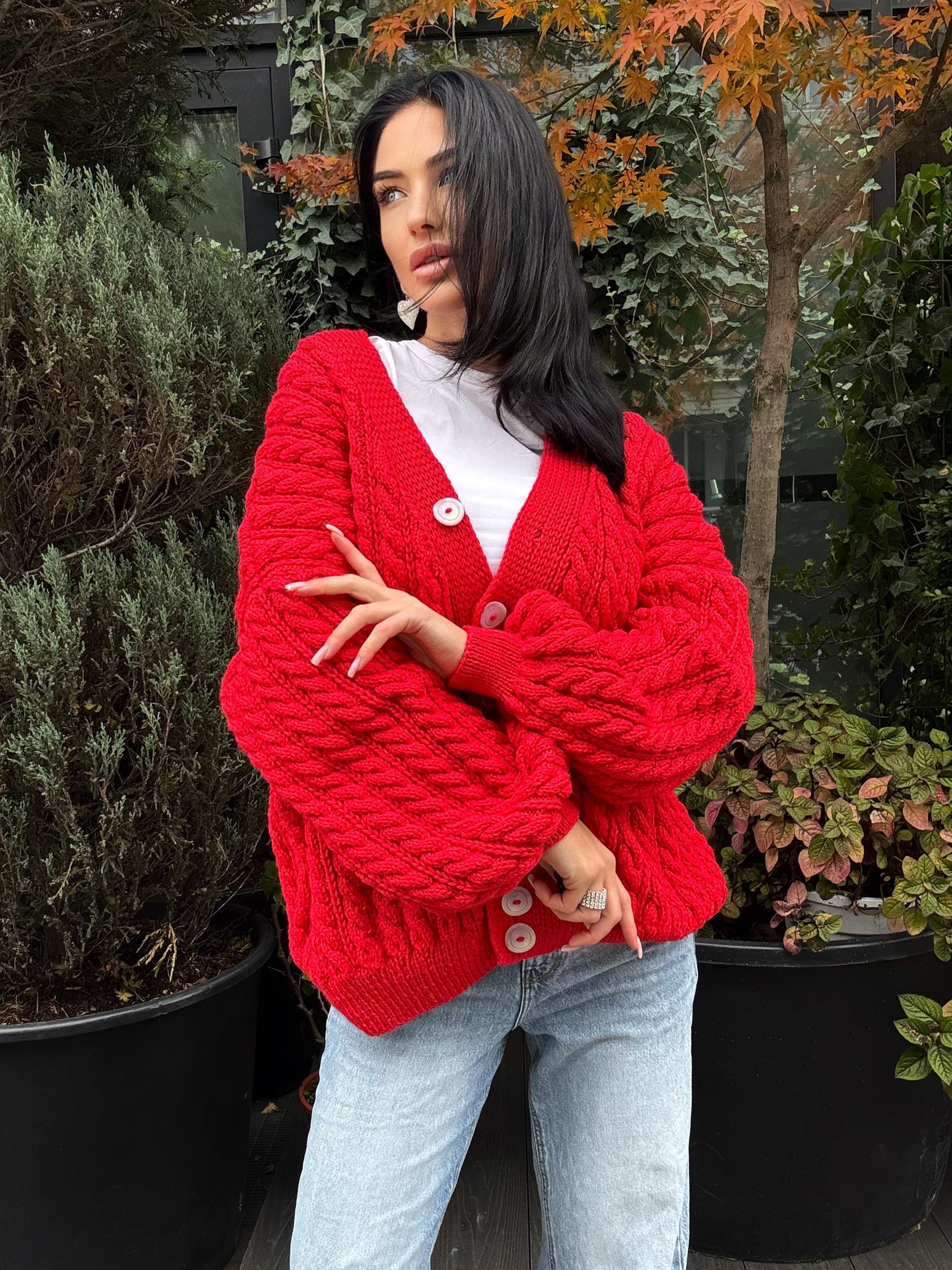 Unisex cable knit braid Red merino wool cardigan on buttons Hand knit oversize fall sweater Chunky knit cardigan knitted jacket puff sleeves