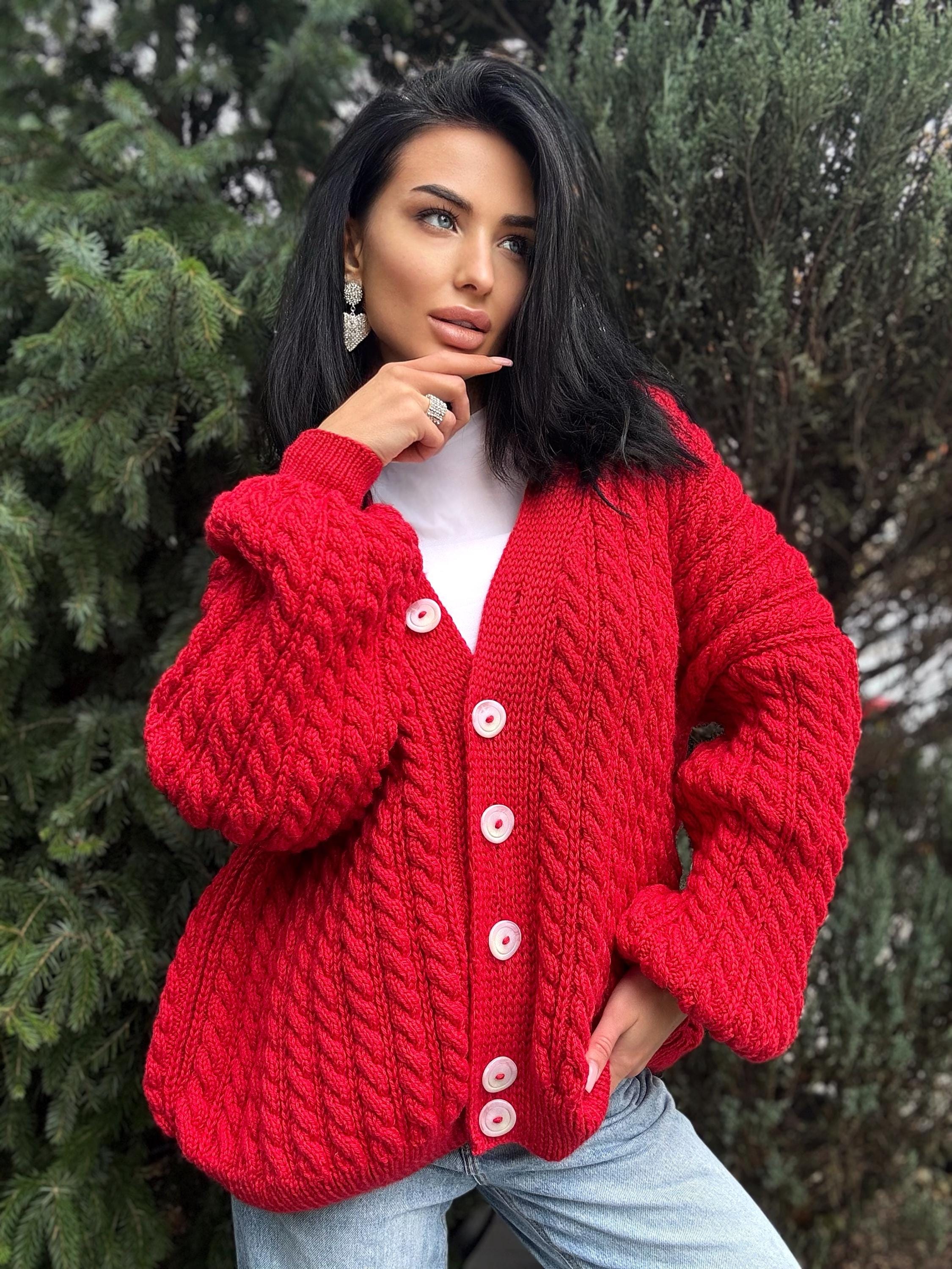 Cable knit braids Red merino wool cardigan on buttons Hand knit oversize fall sweater Chunky knit сozy cardigan knitted jacket puff sleeves