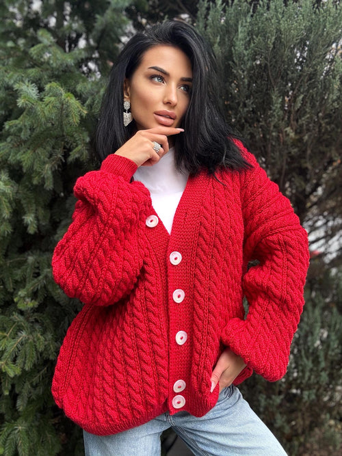 Cable knit braids Red merino wool cardigan on buttons Hand knit oversize fall sweater Chunky knit сozy cardigan knitted jacket puff sleeves