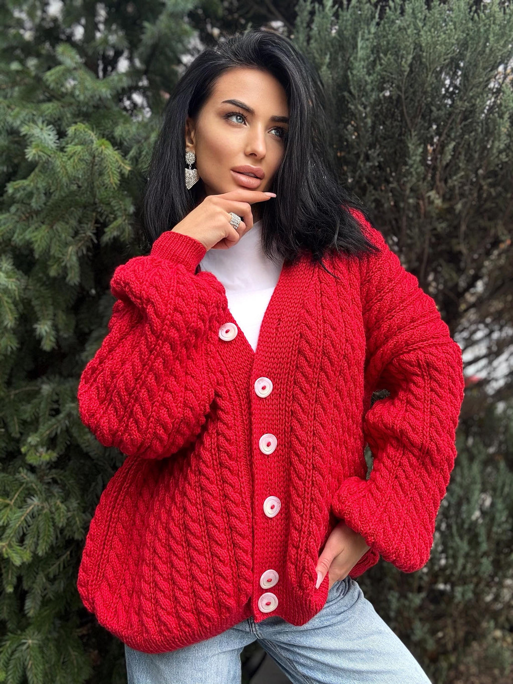 Unisex cable knit braid Red merino wool cardigan on buttons Hand knit oversize fall sweater Chunky knit cardigan knitted jacket puff sleeves