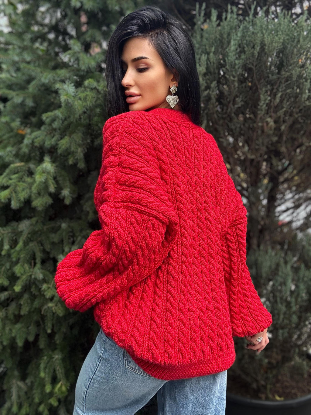 Cable knit braids Red merino wool cardigan on buttons Hand knit oversize fall sweater Chunky knit сozy cardigan knitted jacket puff sleeves