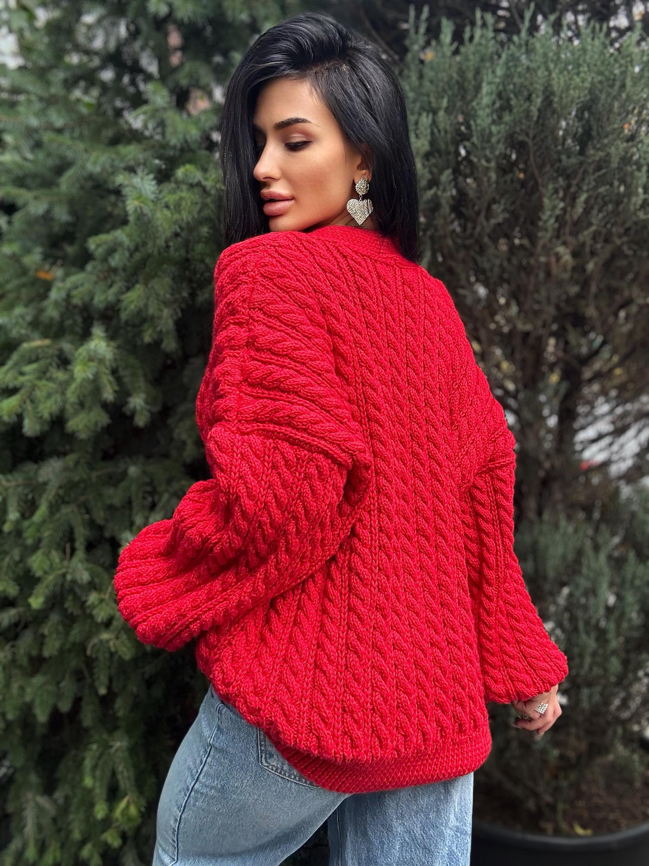 Cable knit braids Red merino wool cardigan on buttons Hand knit oversize fall sweater Chunky knit сozy cardigan knitted jacket puff sleeves