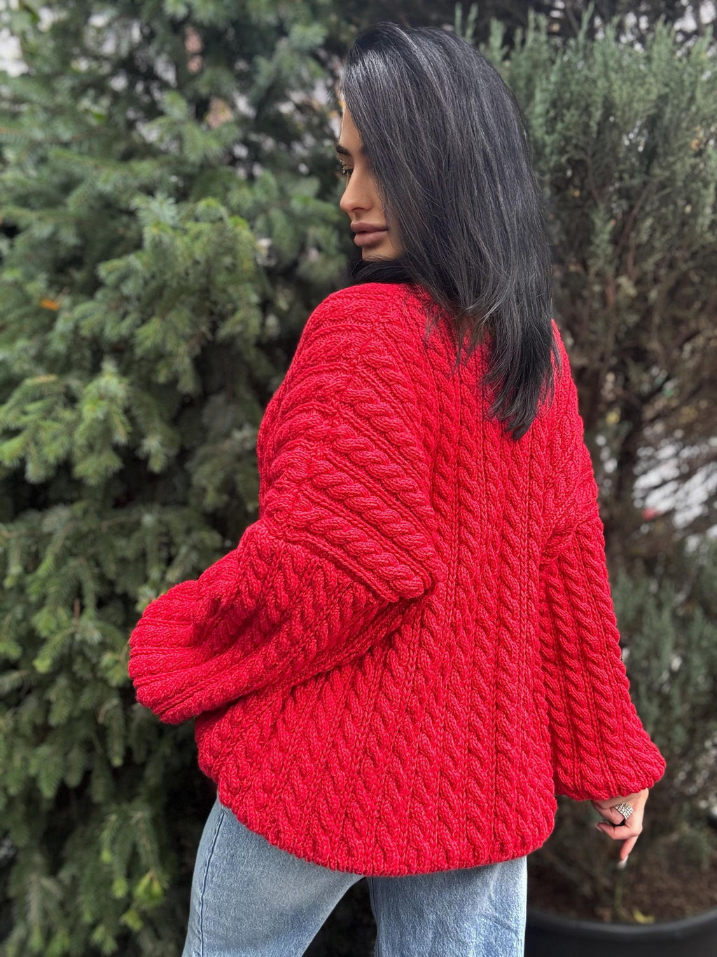 Cable knit braids Red merino wool cardigan on buttons Hand knit oversize fall sweater Chunky knit сozy cardigan knitted jacket puff sleeves