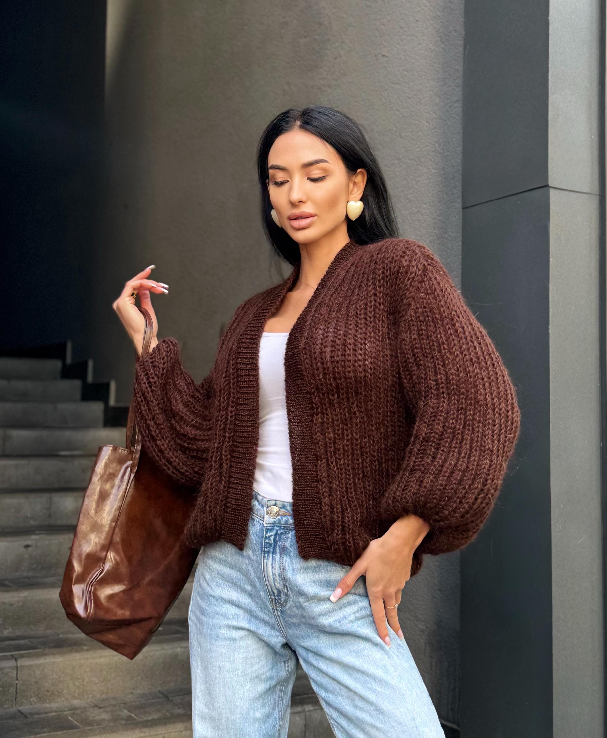 Mohair brown chocolate cardigan women Wedding Mohair sweater knitted coat Jacket Women Bridal shrug bolero wool Fluffy short cardigan