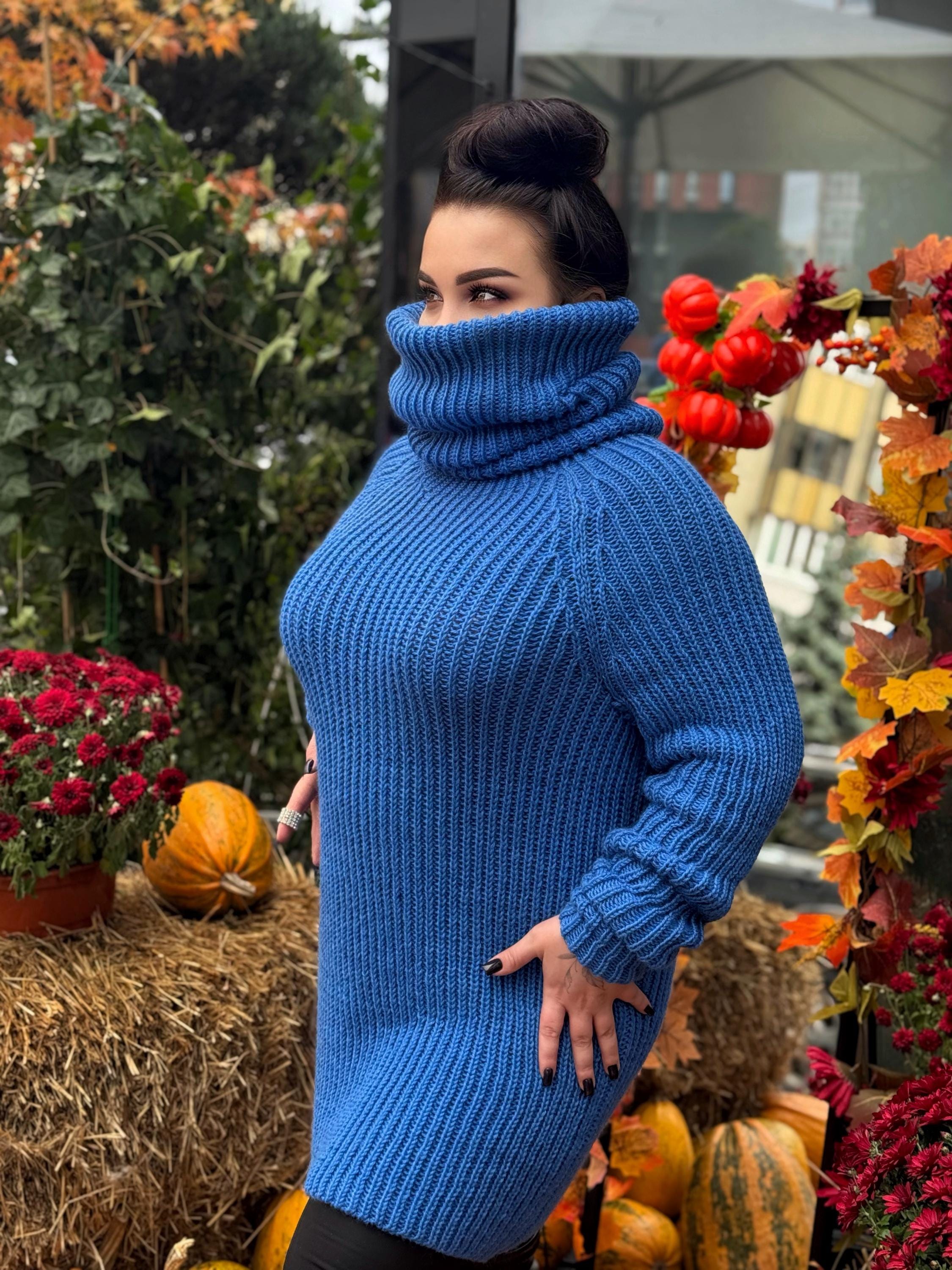 Hand knit blue high collar long wool turtleneck dress Cable Knit wseater wool pullover Womens Chunky knit big collar sweater dress Plus size