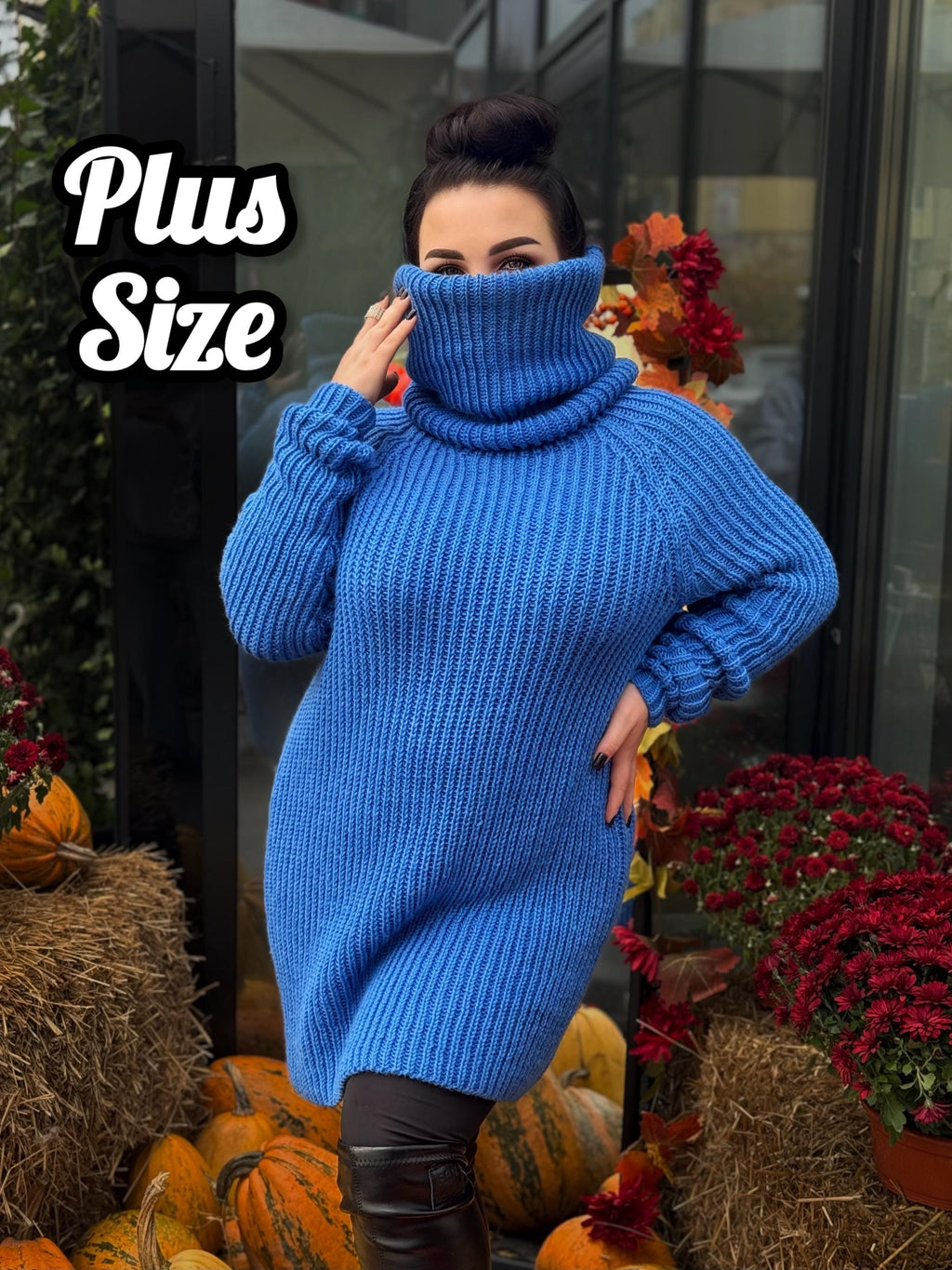 Hand knit blue high collar long wool turtleneck dress Cable Knit wseater wool pullover Womens Chunky knit big collar sweater dress Plus size