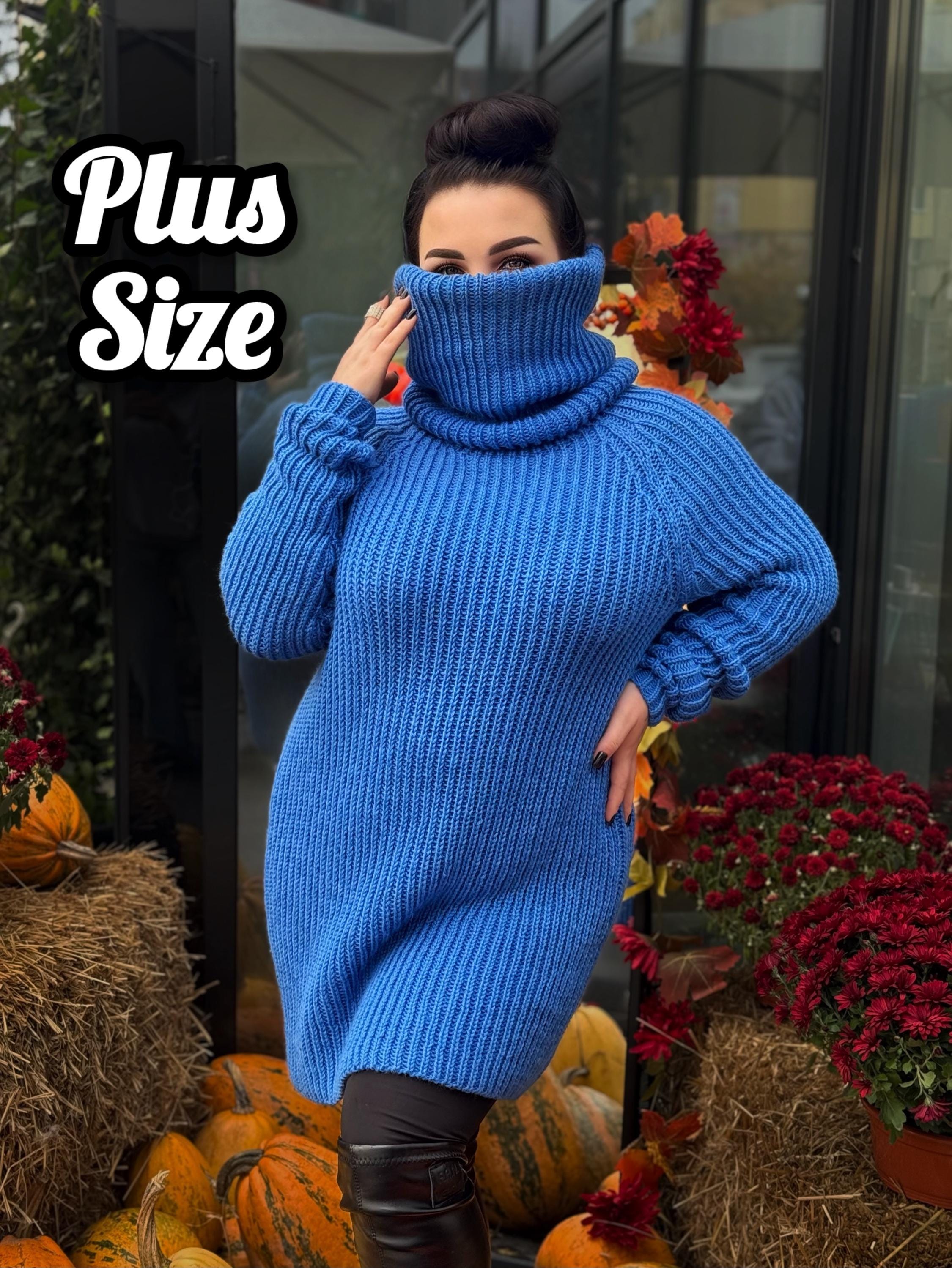 Hand knit blue high collar long wool turtleneck dress Cable Knit wseater wool pullover Womens Chunky knit big collar sweater dress Plus size