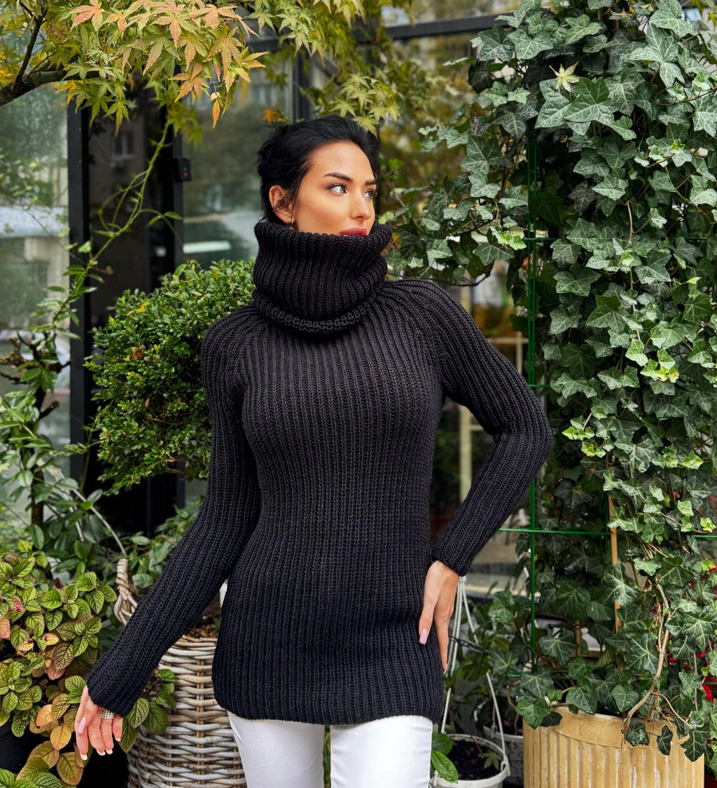 Cable knit black hand knit merino wool big high collar long sweater wool big pullover Chunky knit sweater dress long narrow sleeves