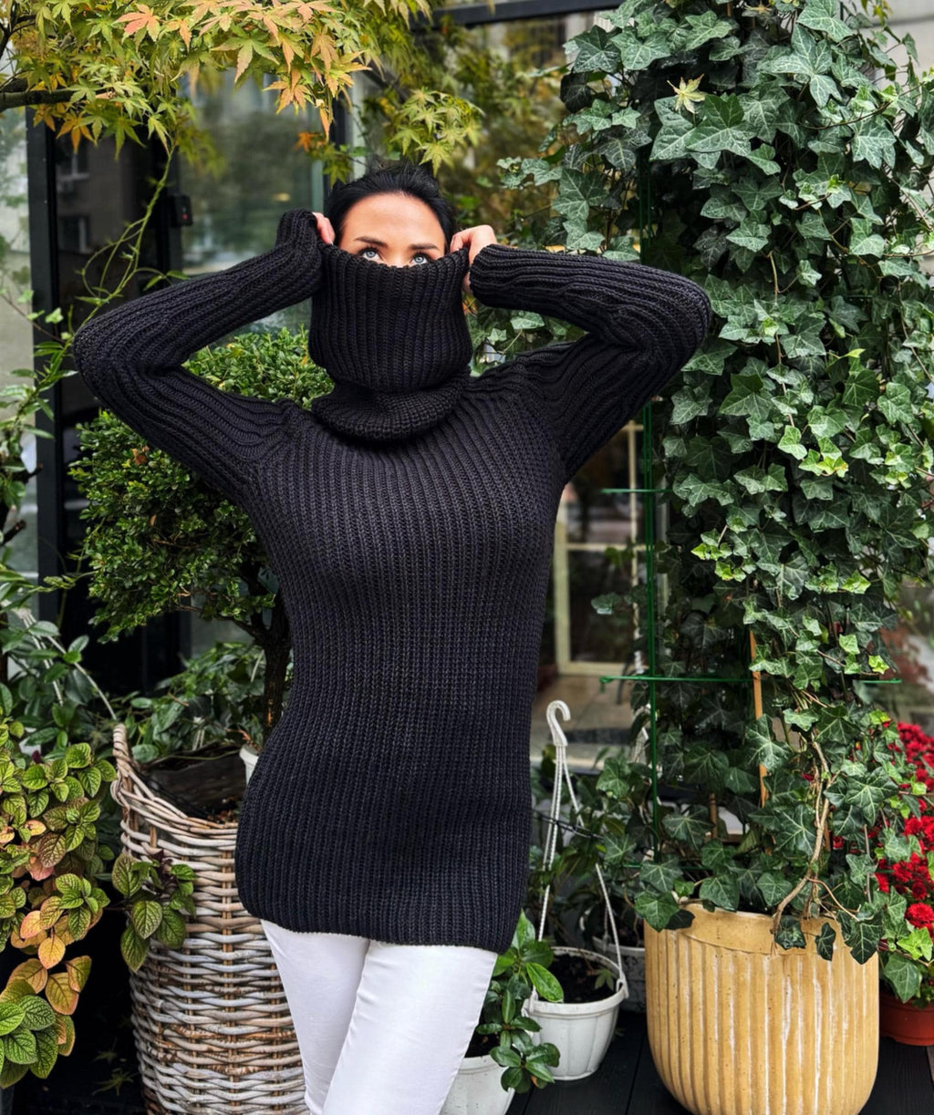Hand knit dig wool turtleneck Dark green big high collar long sleeves sweater dress Cable Knit wool pullover Womens Chunky knit fall sweater