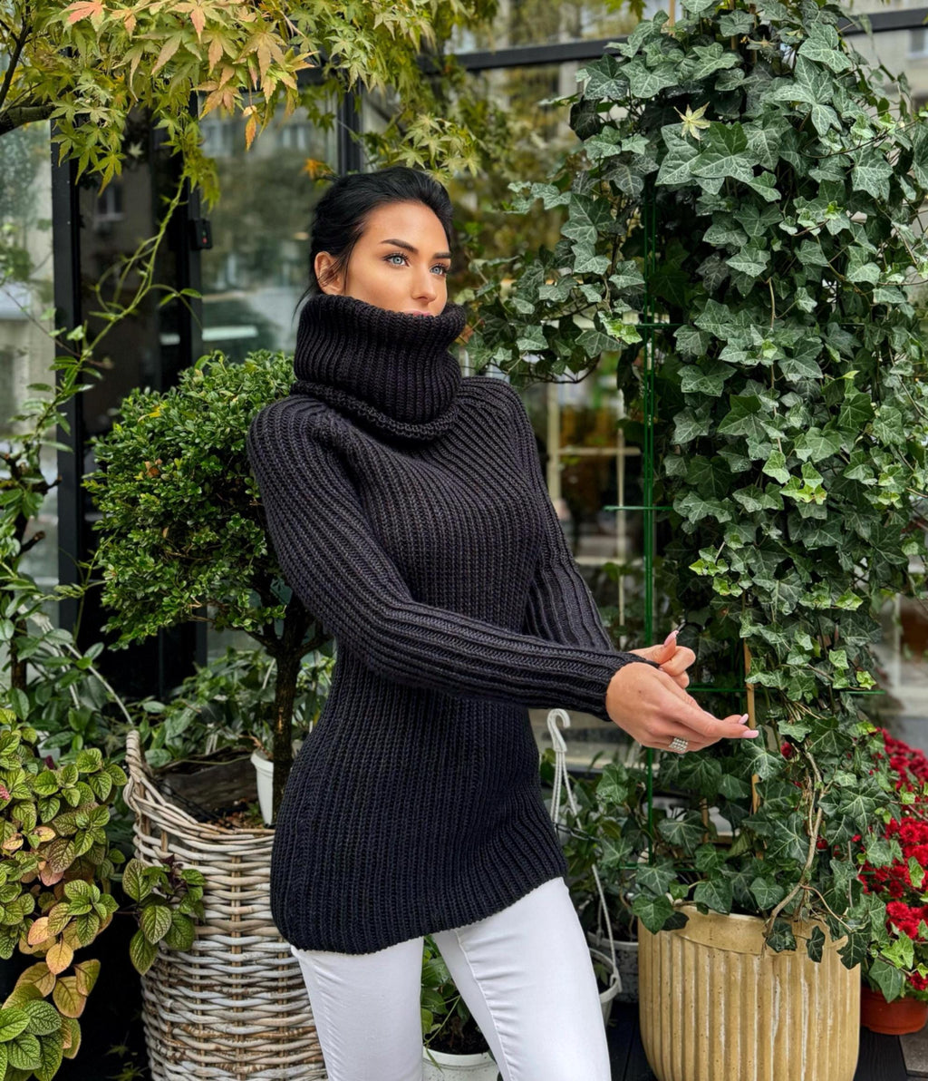 Hand knit dig wool turtleneck Dark green big high collar long sleeves sweater dress Cable Knit wool pullover Womens Chunky knit fall sweater