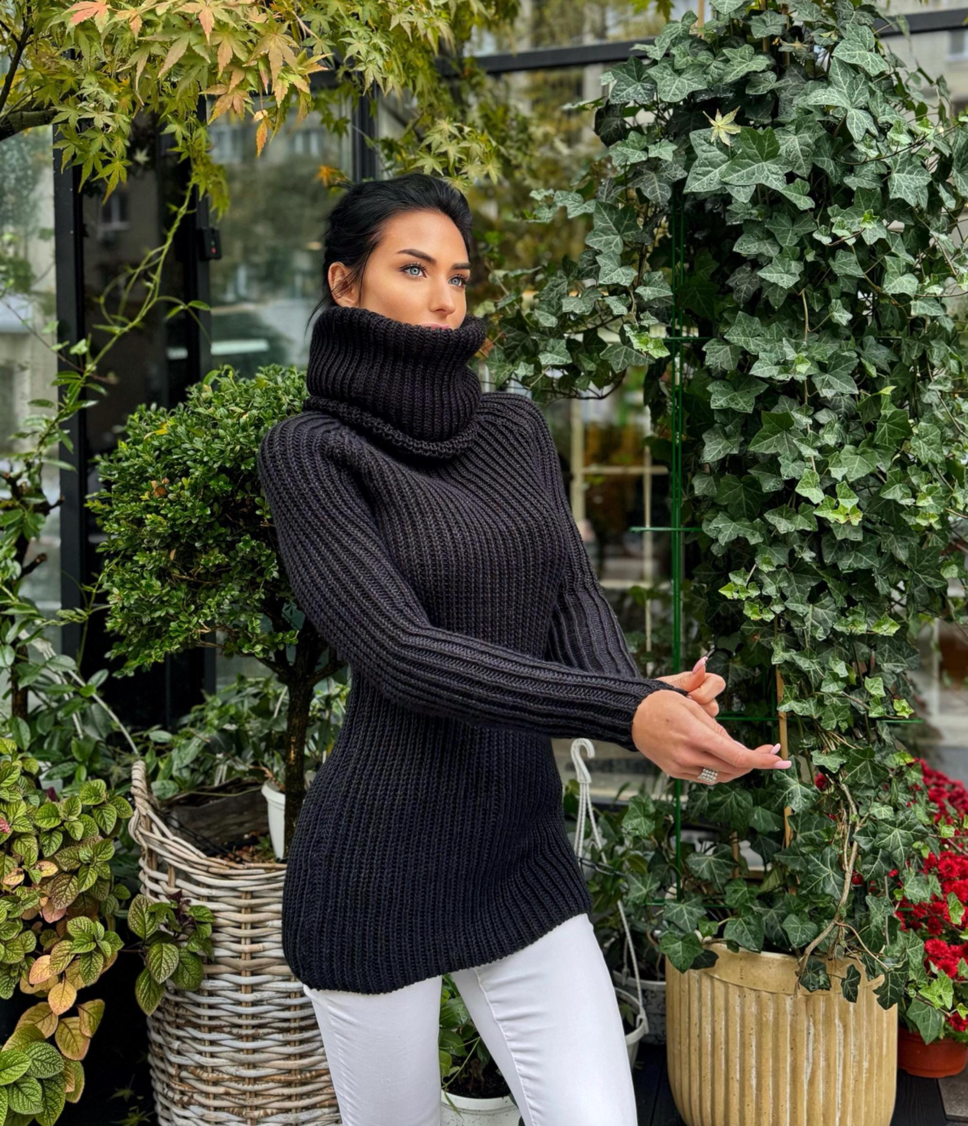 Hand knit dig wool turtleneck Dark green big high collar long sleeves sweater dress Cable Knit wool pullover Womens Chunky knit fall sweater