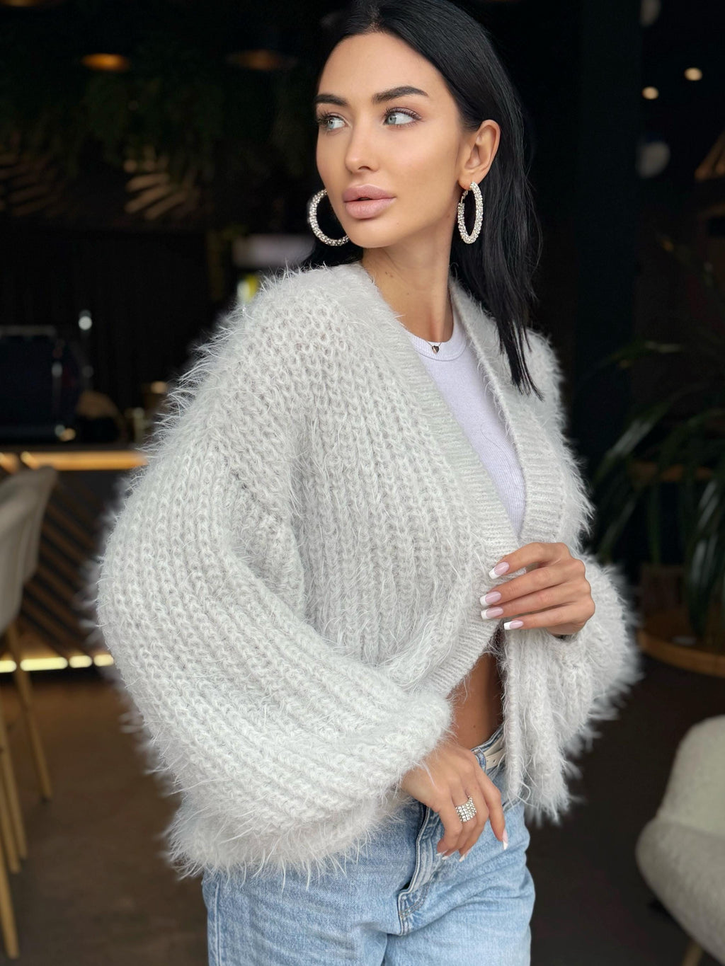 Merino wool pastel ashen white gray crop fluffy cardigan women Wedding cardigan Mohair sweater Hand knitted coat Jacket Bridal shrug bolero