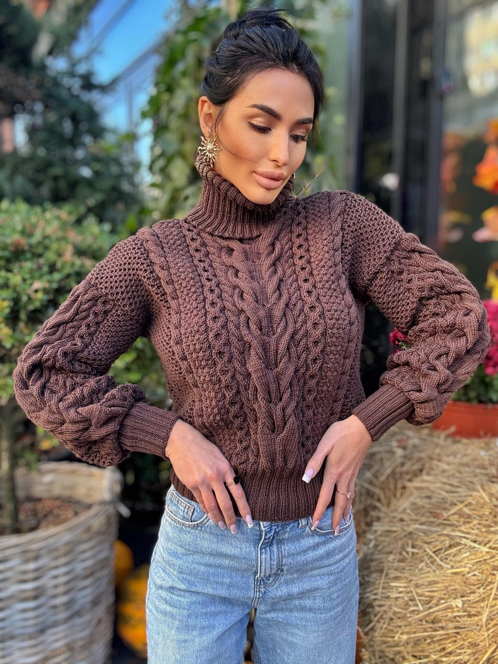 Cable knit Chocolate 100% merino wool aran sweater high collar Chunky knit brown turtleneck Oversize cozy pullover Women cable knit sweater
