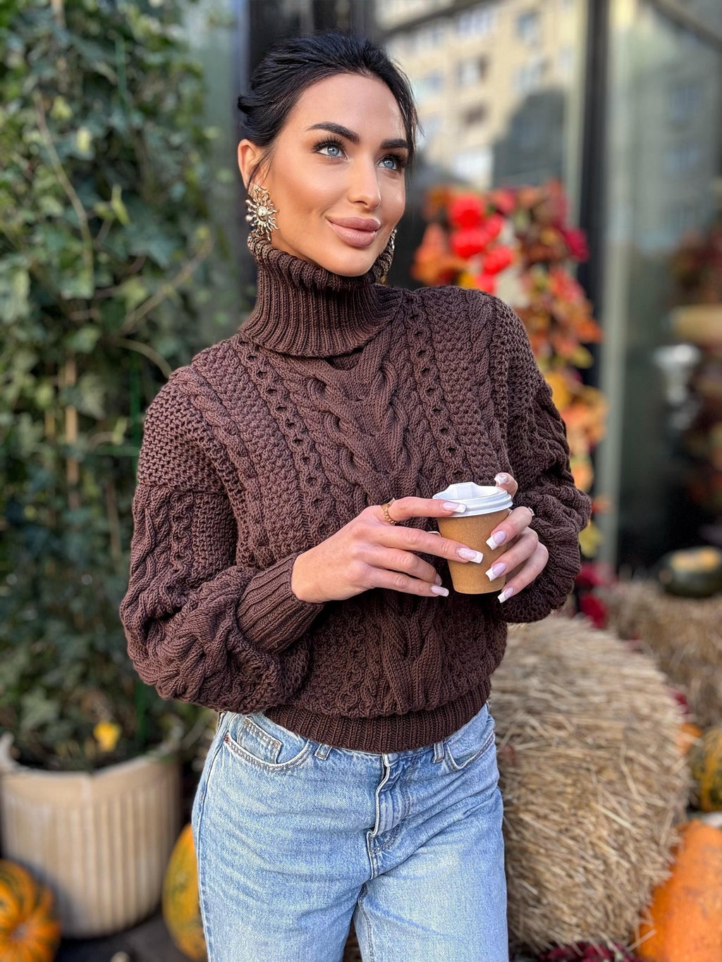 Cable knit Chocolate 100% merino wool aran sweater high collar Chunky knit brown turtleneck Oversize cozy pullover Women cable knit sweater