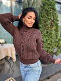 Cable knit Chocolate 100% merino wool aran sweater high collar Chunky knit brown turtleneck Oversize cozy pullover Women cable knit sweater