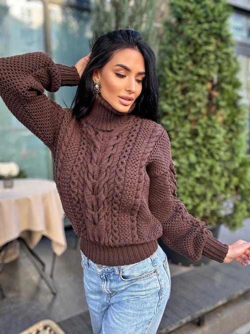 Cable knit Chocolate 100% merino wool aran sweater high collar Chunky knit brown turtleneck Oversize cozy pullover Women cable knit sweater