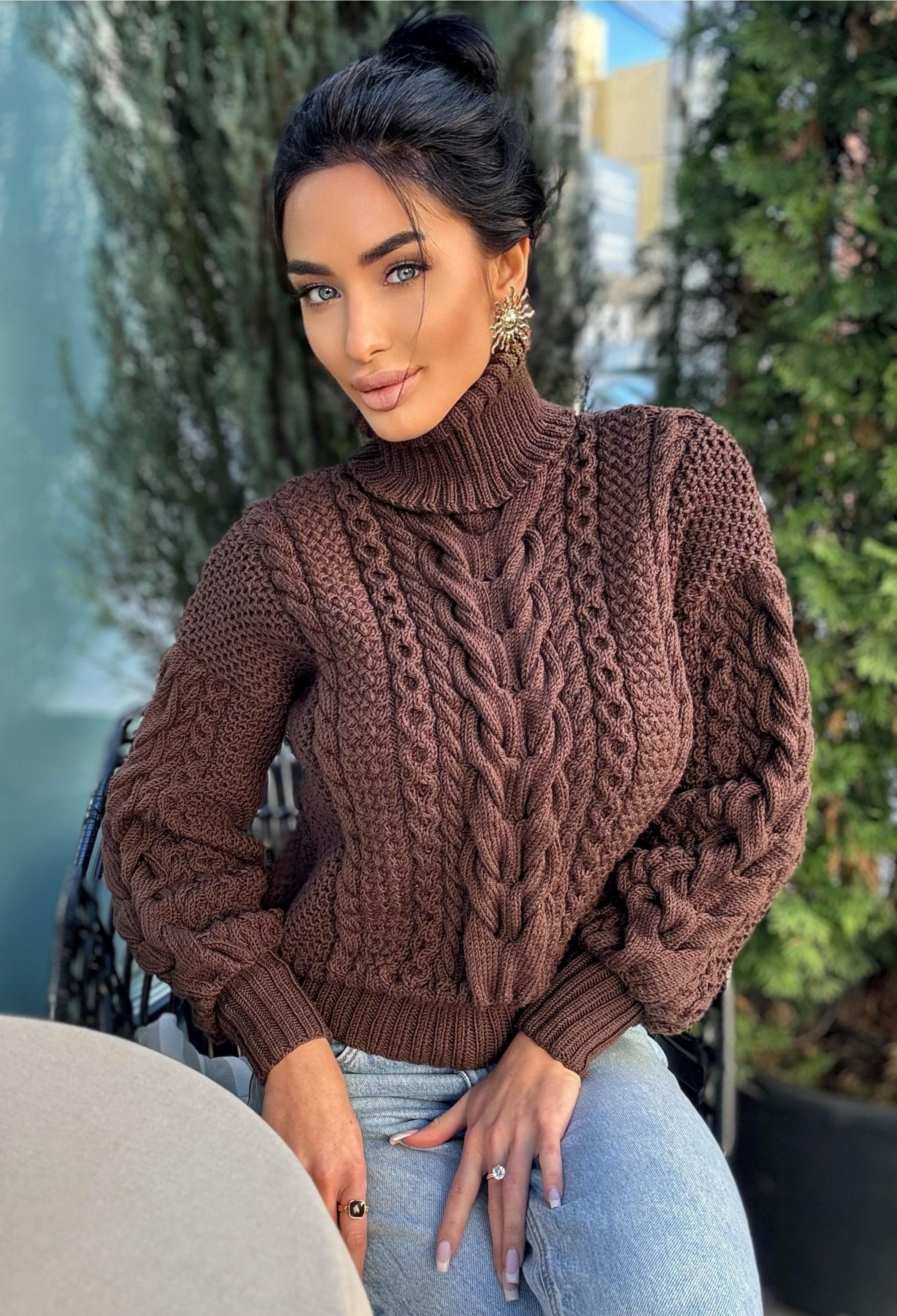 Cable knit Chocolate 100% merino wool aran sweater high collar Chunky knit brown turtleneck Oversize cozy pullover Women cable knit sweater