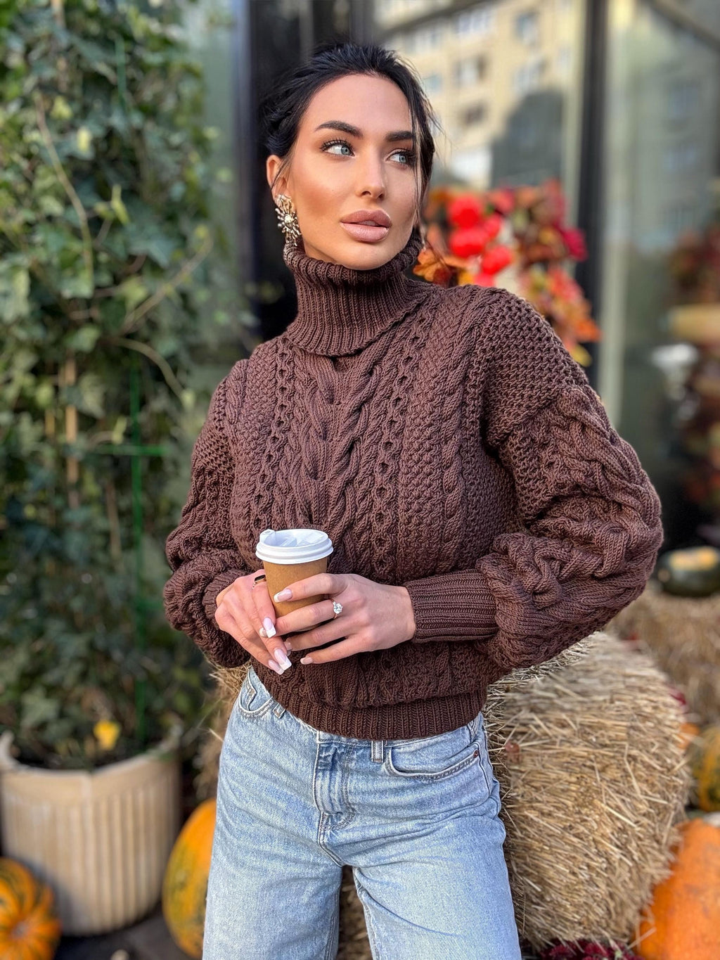 Cable knit Chocolate 100% merino wool aran sweater high collar Chunky knit brown turtleneck Oversize cozy pullover Women cable knit sweater