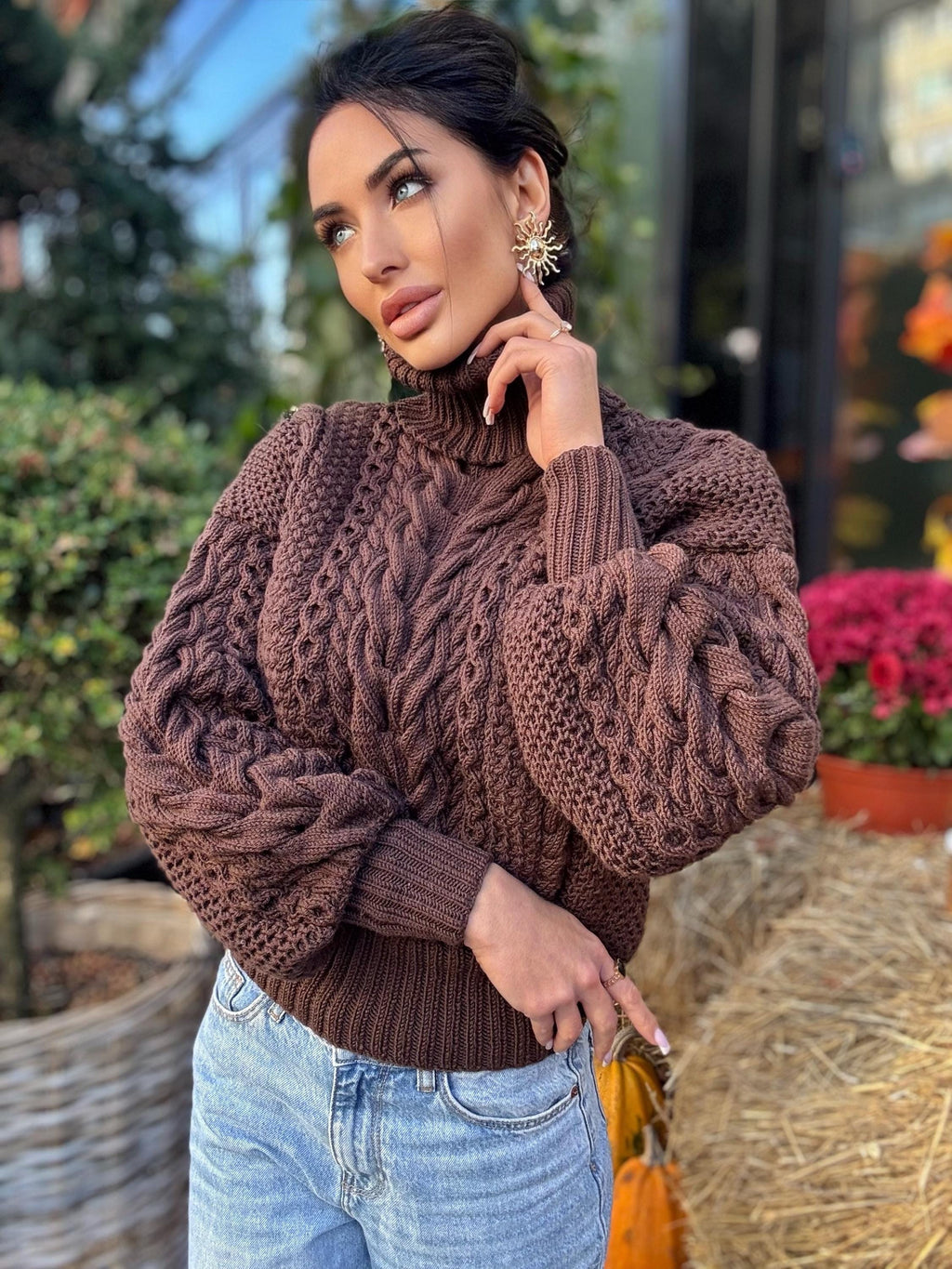 Cable knit Chocolate 100% merino wool aran sweater high collar Chunky knit brown turtleneck Oversize cozy pullover Women cable knit sweater
