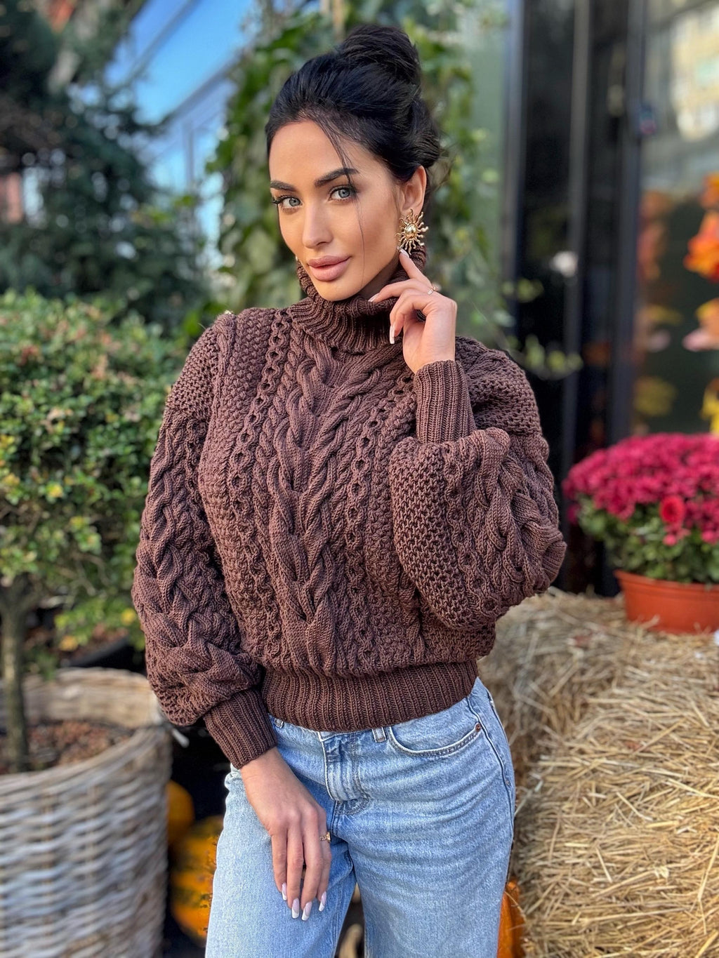 Cable knit Chocolate 100% merino wool aran sweater high collar Chunky knit brown turtleneck Oversize cozy pullover Women cable knit sweater