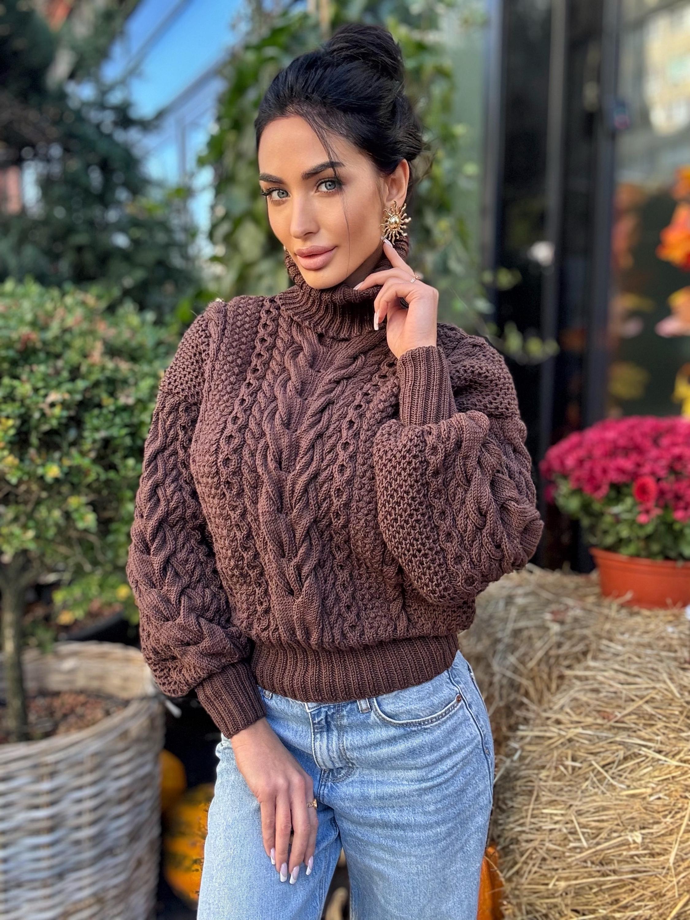 Cable knit Chocolate 100% merino wool aran sweater high collar Chunky knit brown turtleneck Oversize cozy pullover Women cable knit sweater