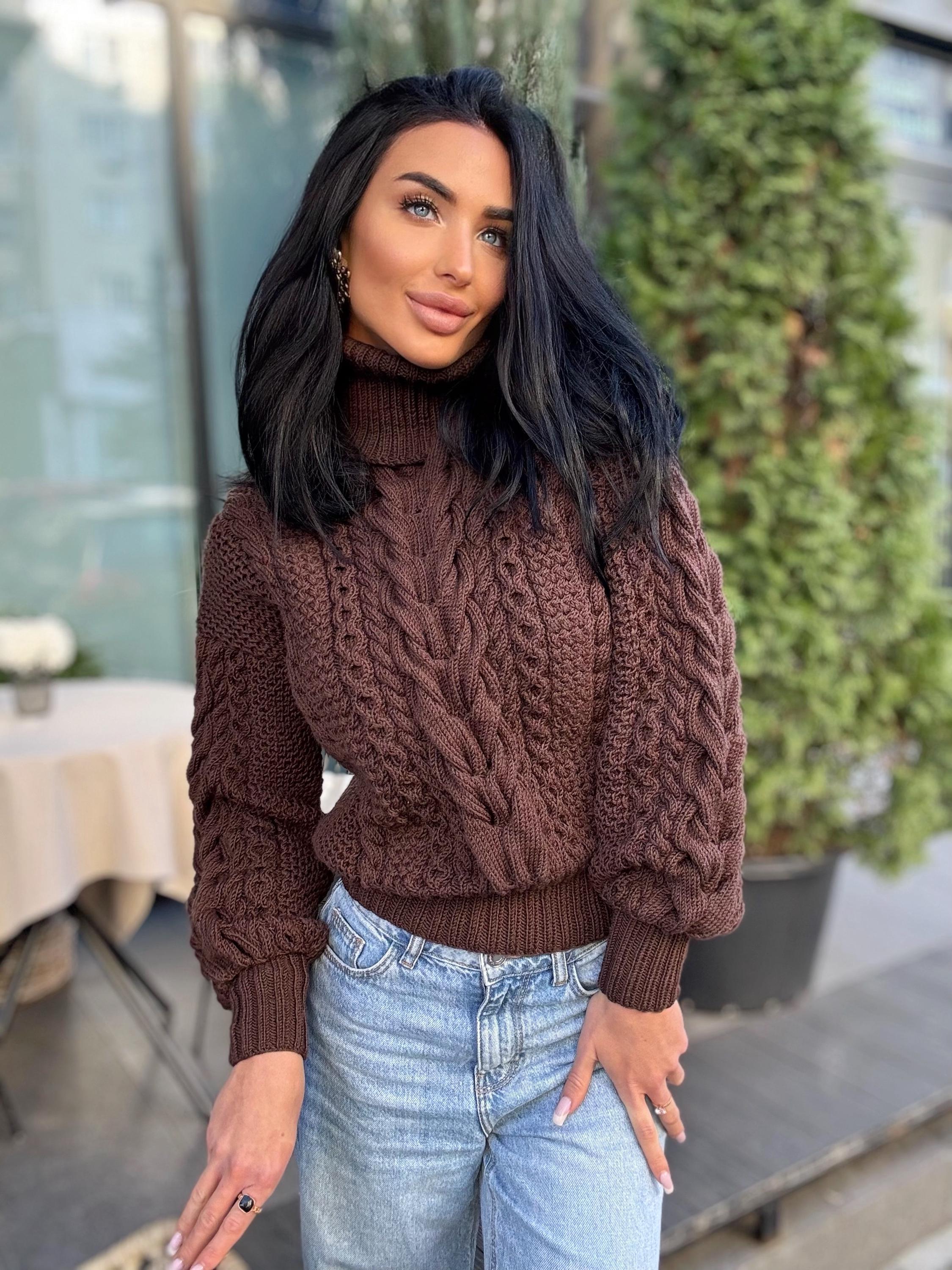 Cable knit Chocolate 100% merino wool aran sweater high collar Chunky knit brown turtleneck Oversize cozy pullover Women cable knit sweater