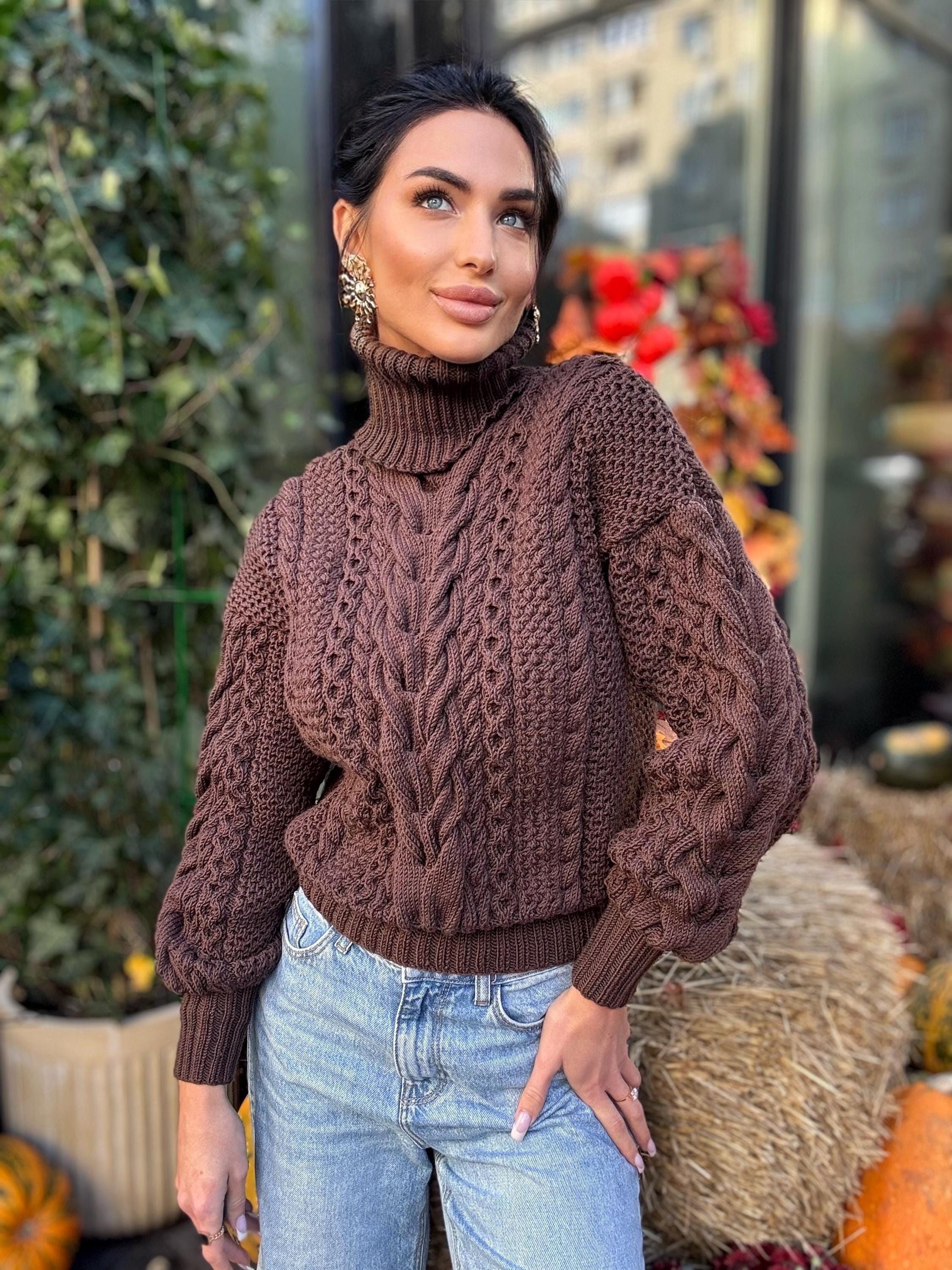 Cable knit Chocolate 100% merino wool aran sweater high collar Chunky knit brown turtleneck Oversize cozy pullover Women cable knit sweater