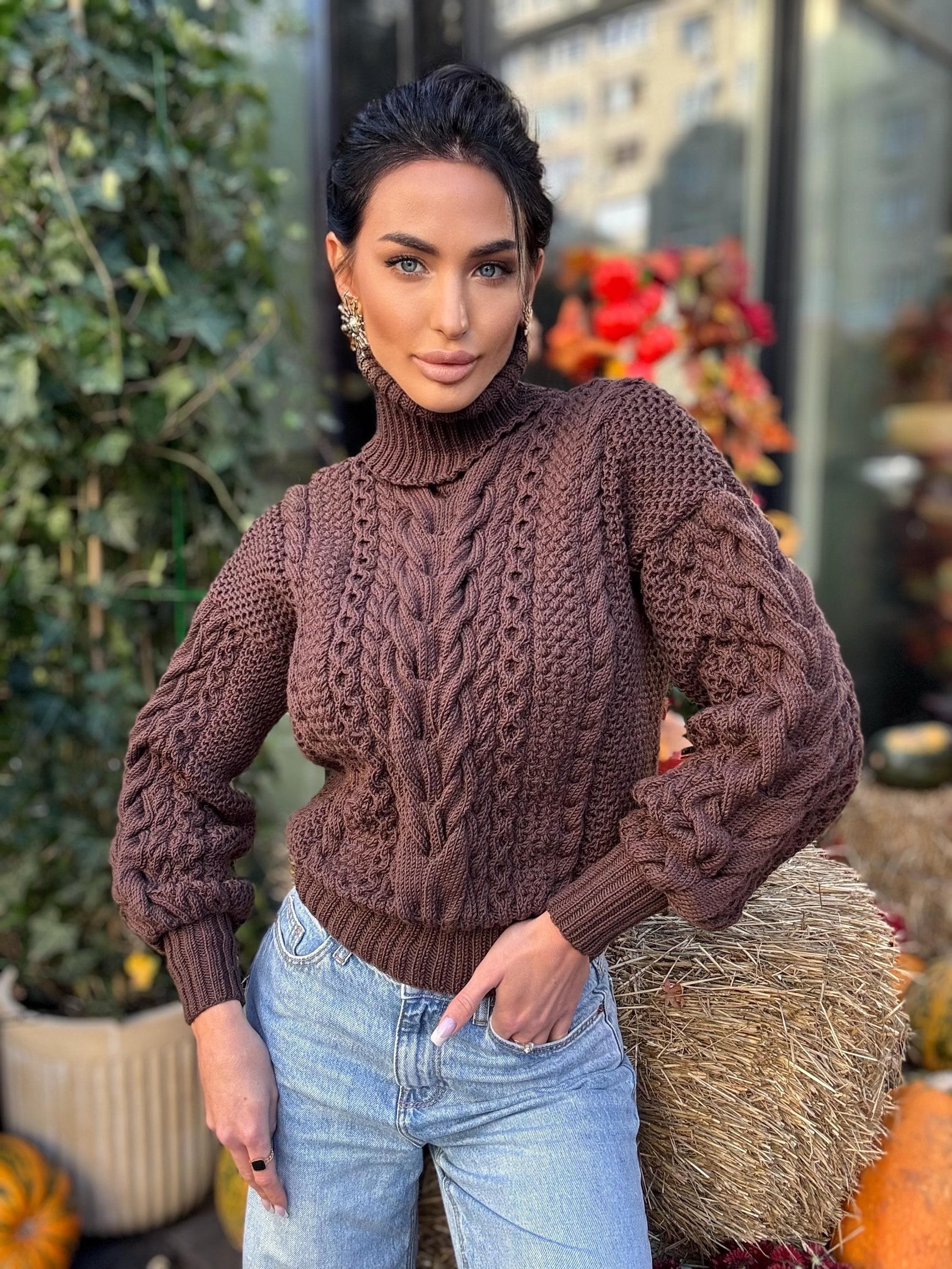Cable knit Chocolate 100% merino wool aran sweater high collar Chunky knit brown turtleneck Oversize cozy pullover Women cable knit sweater