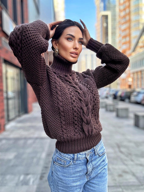 Cable knit Chocolate 100% merino wool aran sweater high collar Chunky knit brown turtleneck Oversize cozy pullover Women cable knit sweater