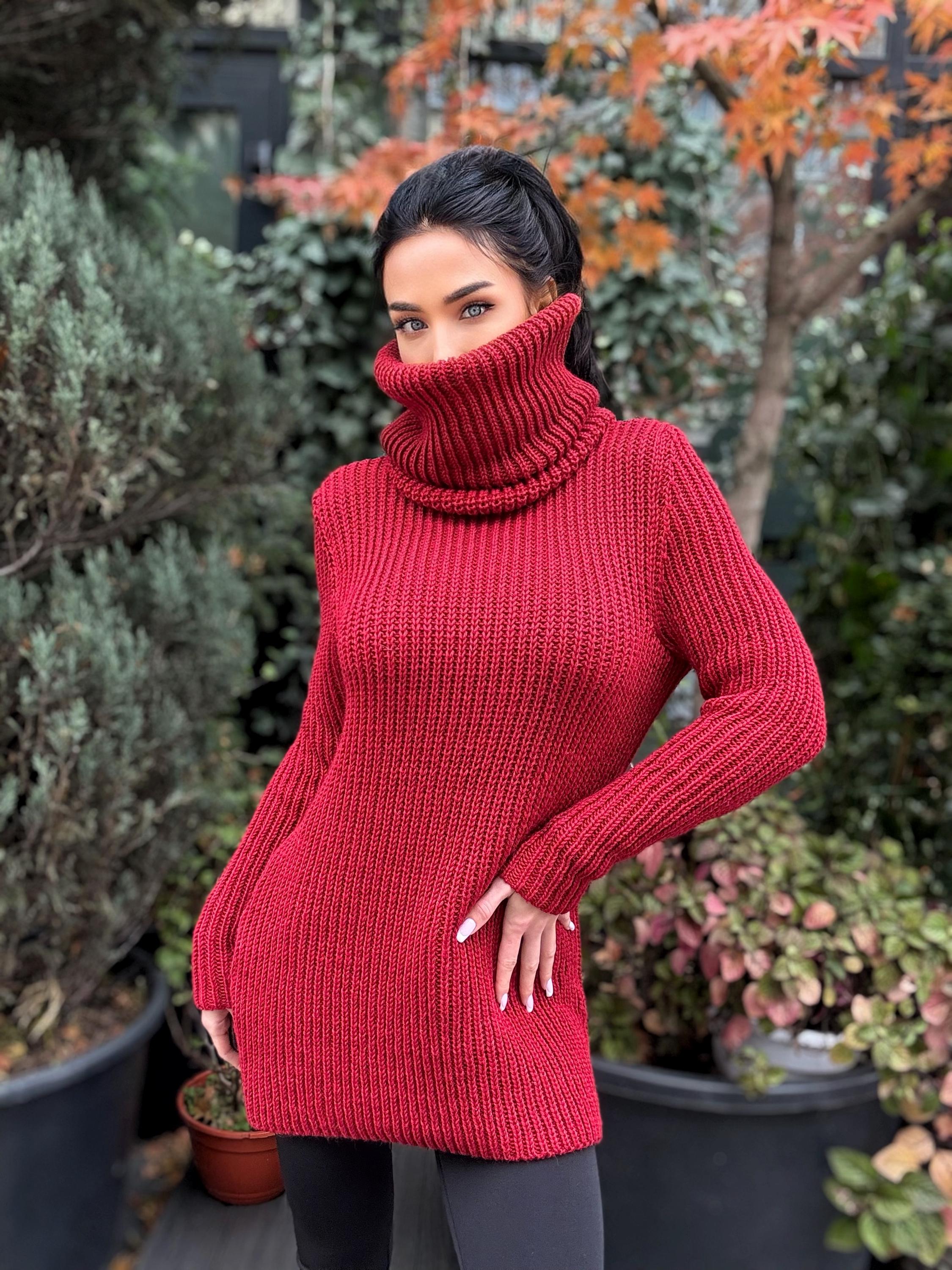 Hand knit merino wool red burgundy big high collar long sleeves sweater turtleneck Cable Knit wool pullover Womens Chunky knit sweater dress