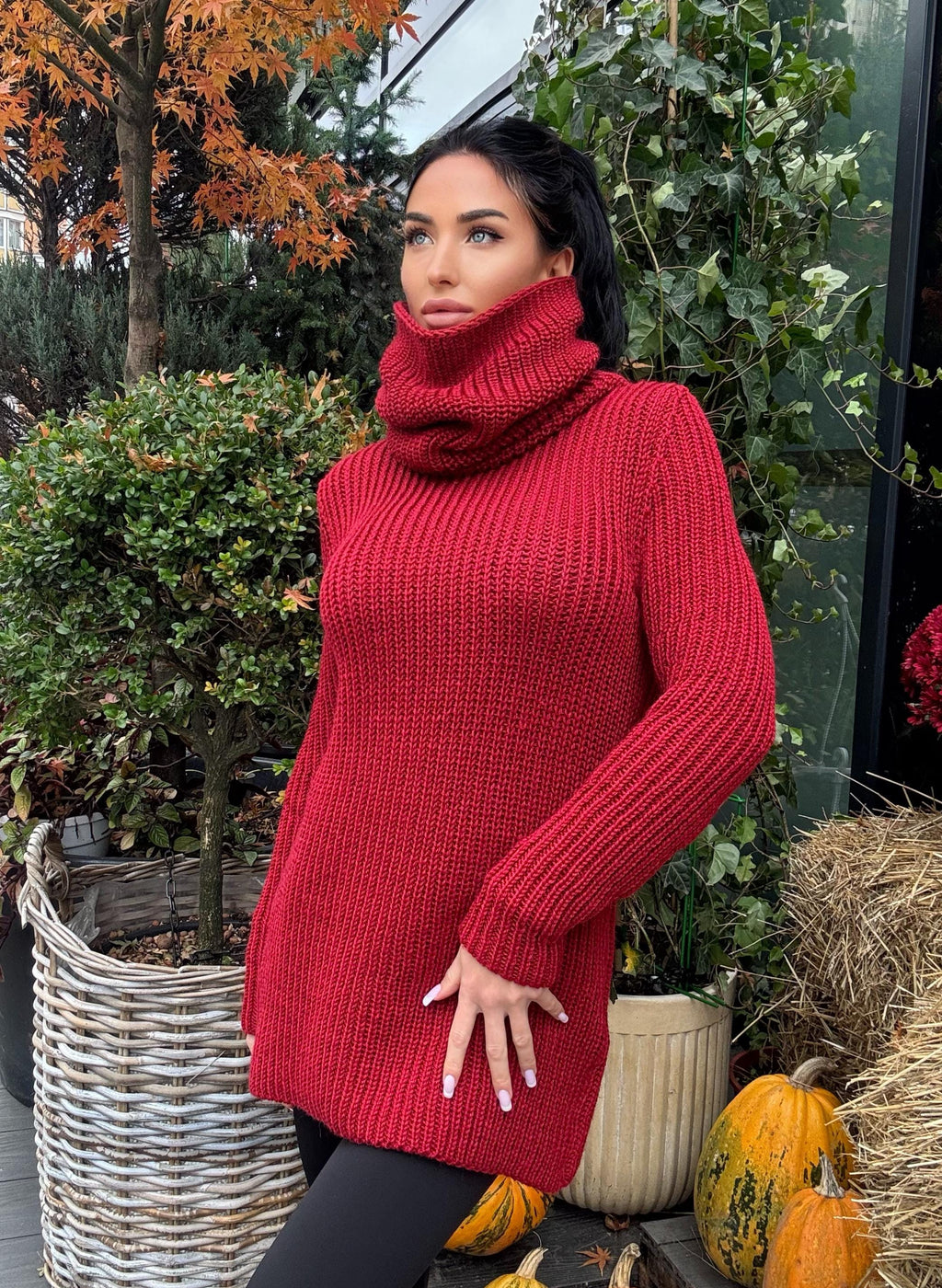 Hand knit merino wool red burgundy big high collar long sleeves sweater turtleneck Cable Knit wool pullover Womens Chunky knit sweater dress