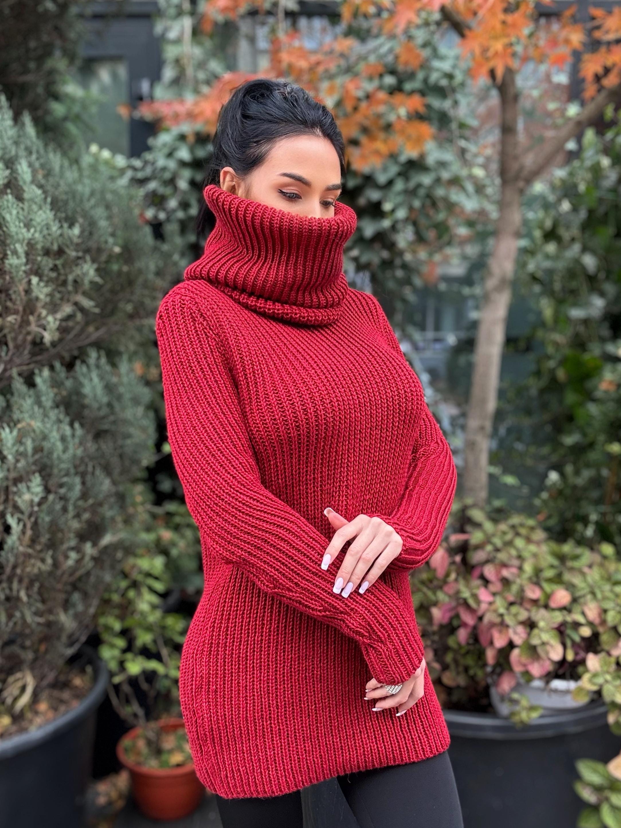 Hand knit merino wool red burgundy big high collar long sleeves sweater turtleneck Cable Knit wool pullover Womens Chunky knit sweater dress