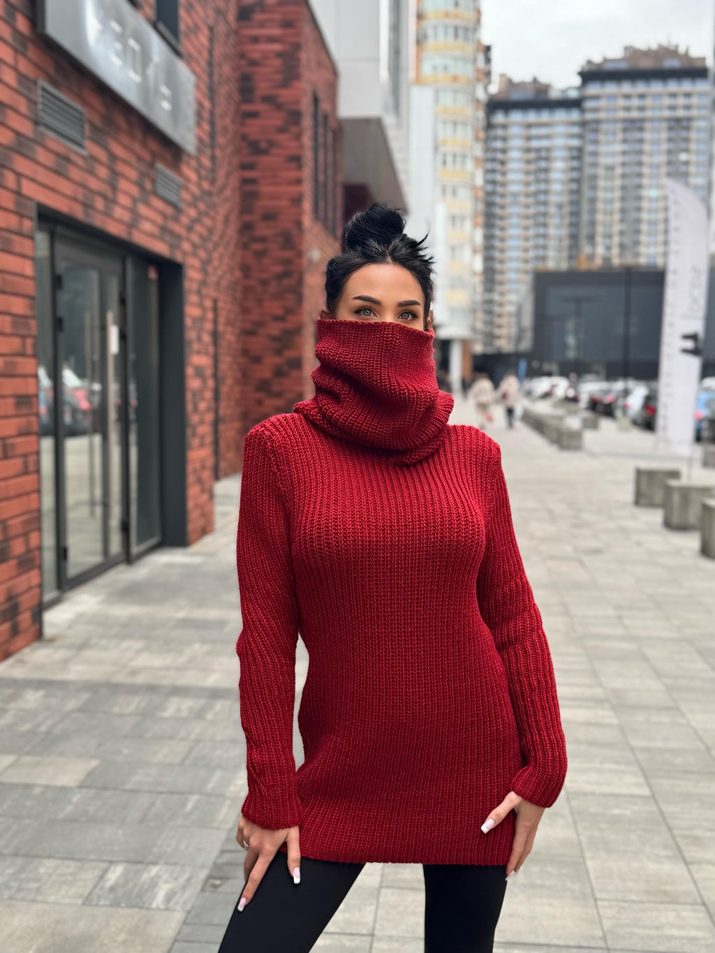 Hand knit merino wool red burgundy big high collar long sleeves sweater turtleneck Cable Knit wool pullover Womens Chunky knit sweater dress
