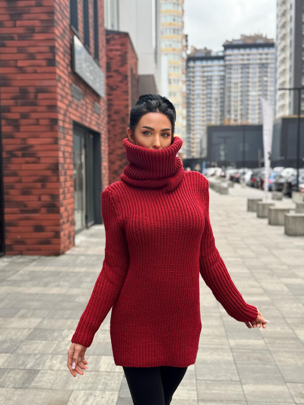 Hand knit merino wool red burgundy big high collar long sleeves sweater turtleneck Cable Knit wool pullover Womens Chunky knit sweater dress