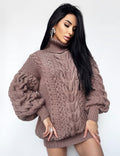 Aran long oversize beige brown Chocolate big hand knit merino wool mixture sweater dresse Turtleneck cable knit pullover women Сhunky knit