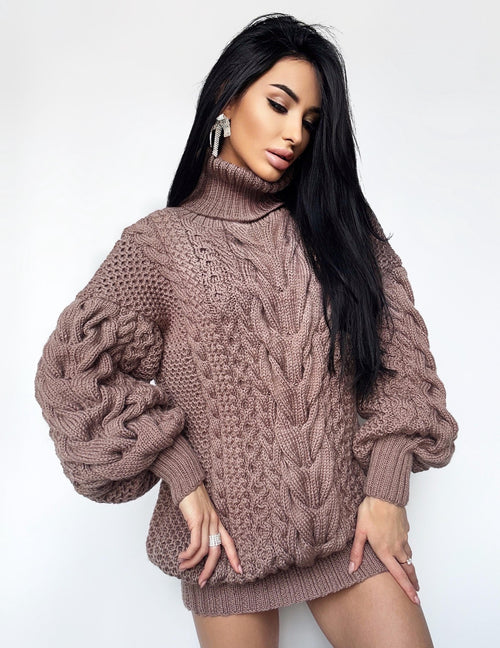 Aran long oversize beige brown Chocolate big hand knit merino wool mixture sweater dresse Turtleneck cable knit pullover women Сhunky knit
